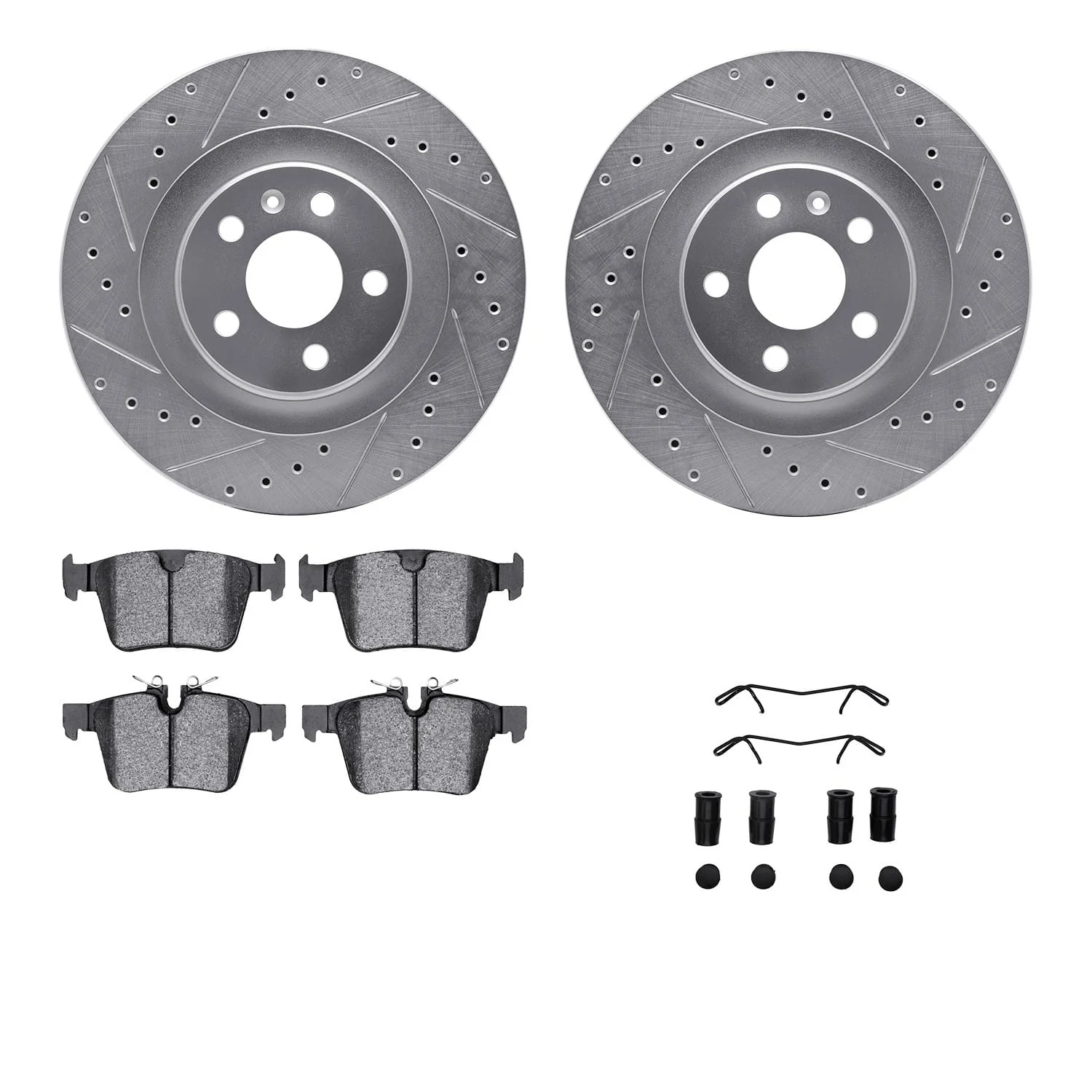 R1 Concepts 16-21 Volvo S90 Rear Drilled & Slotted Silver Brake Rotor Set w/Optimum OE Pads and Hardware