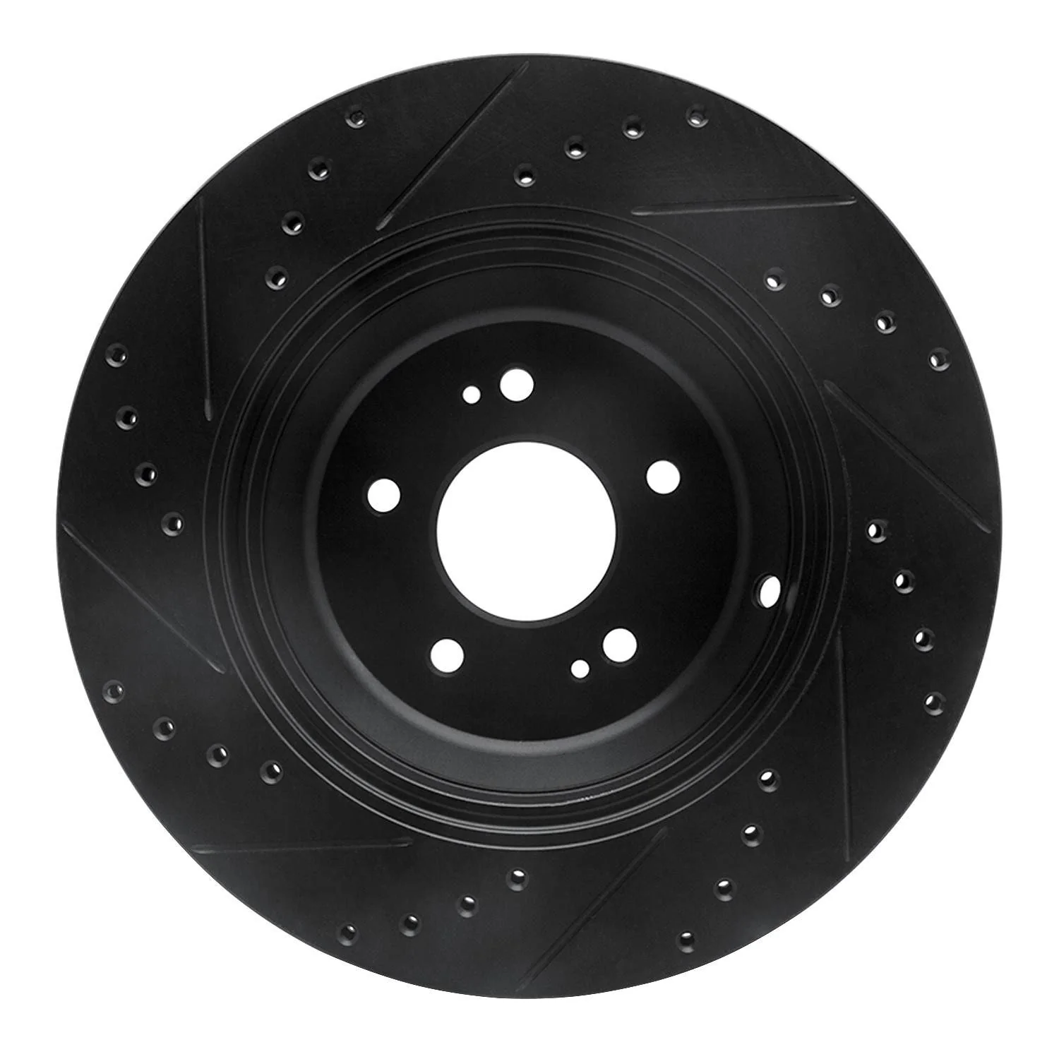 R1 Concepts 17-19 Genesis G90 Rear Right Drilled & Slotted Black Brake Rotor - Image 2