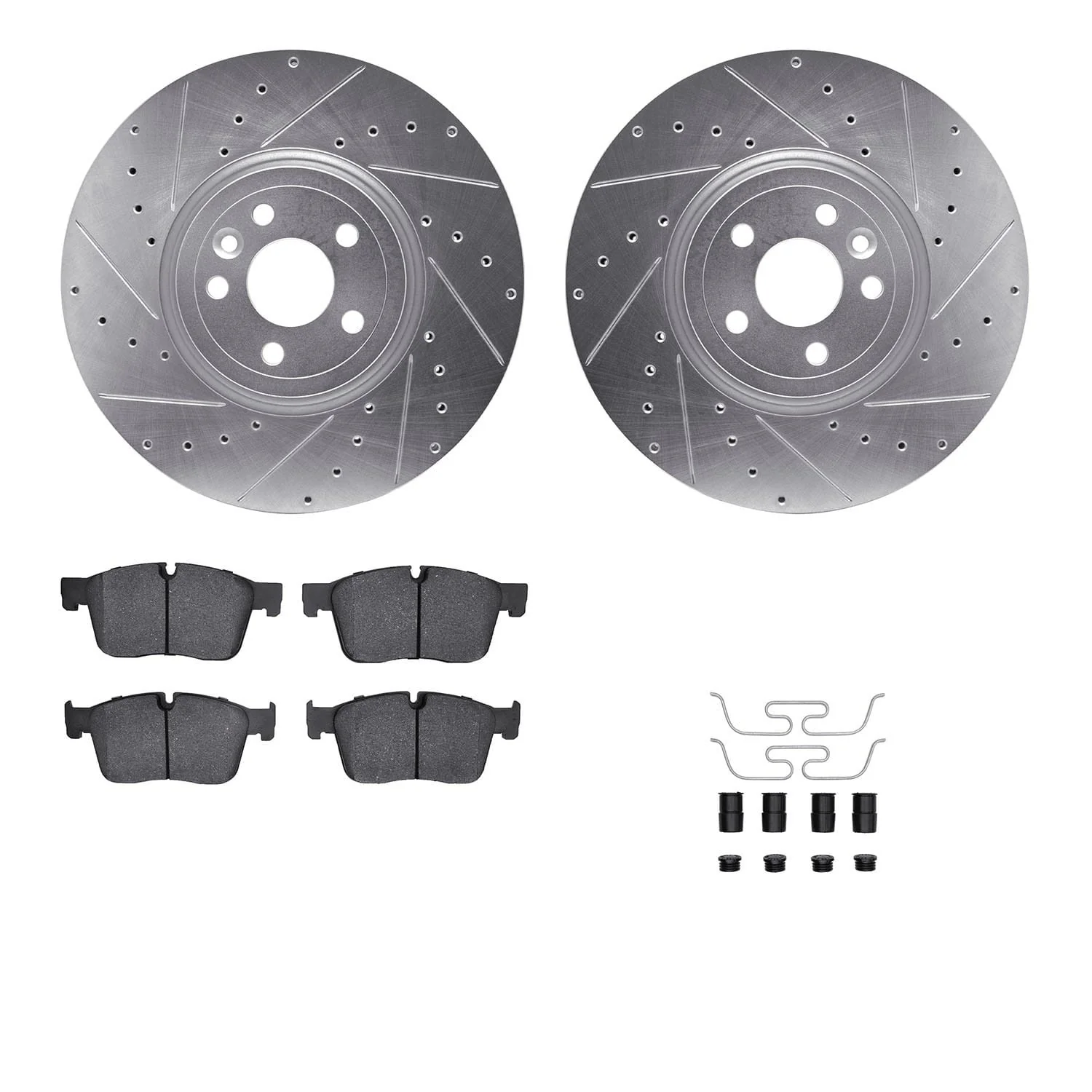 R1 Concepts 17-20 Jaguar XE Front Drilled & Slotted Silver Brake Rotor Set w/Ceramic Pads and Hardware