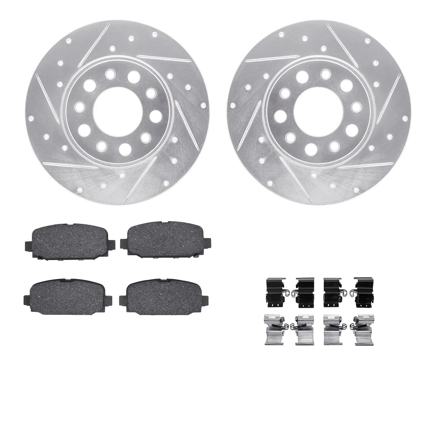 R1 Concepts 17-24 Jeep Compass Rear Drilled & Slotted Silver Brake Rotor Set w/Ceramic Pads and Hardware