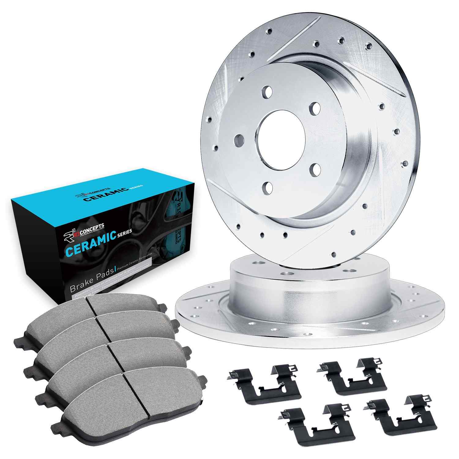 R1 Concepts 17-24 Jeep Compass Rear Drilled & Slotted Silver Brake Rotor Set w/Ceramic Pads and Hardware - Image 2