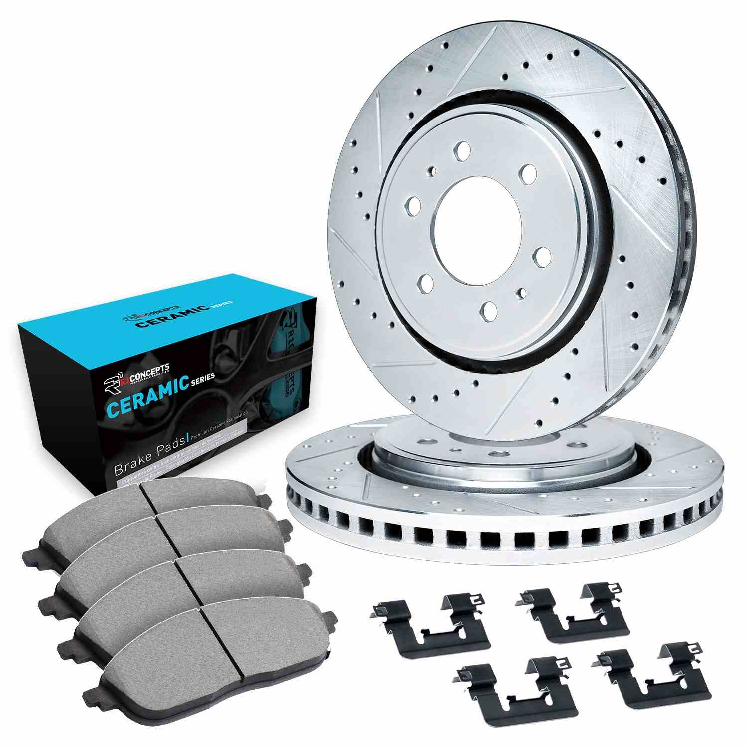 R1 Concepts 17-24 Nissan Titan Rear Drilled & Slotted Silver Brake Rotor Set w/Ceramic Pads and Hardware - Image 2