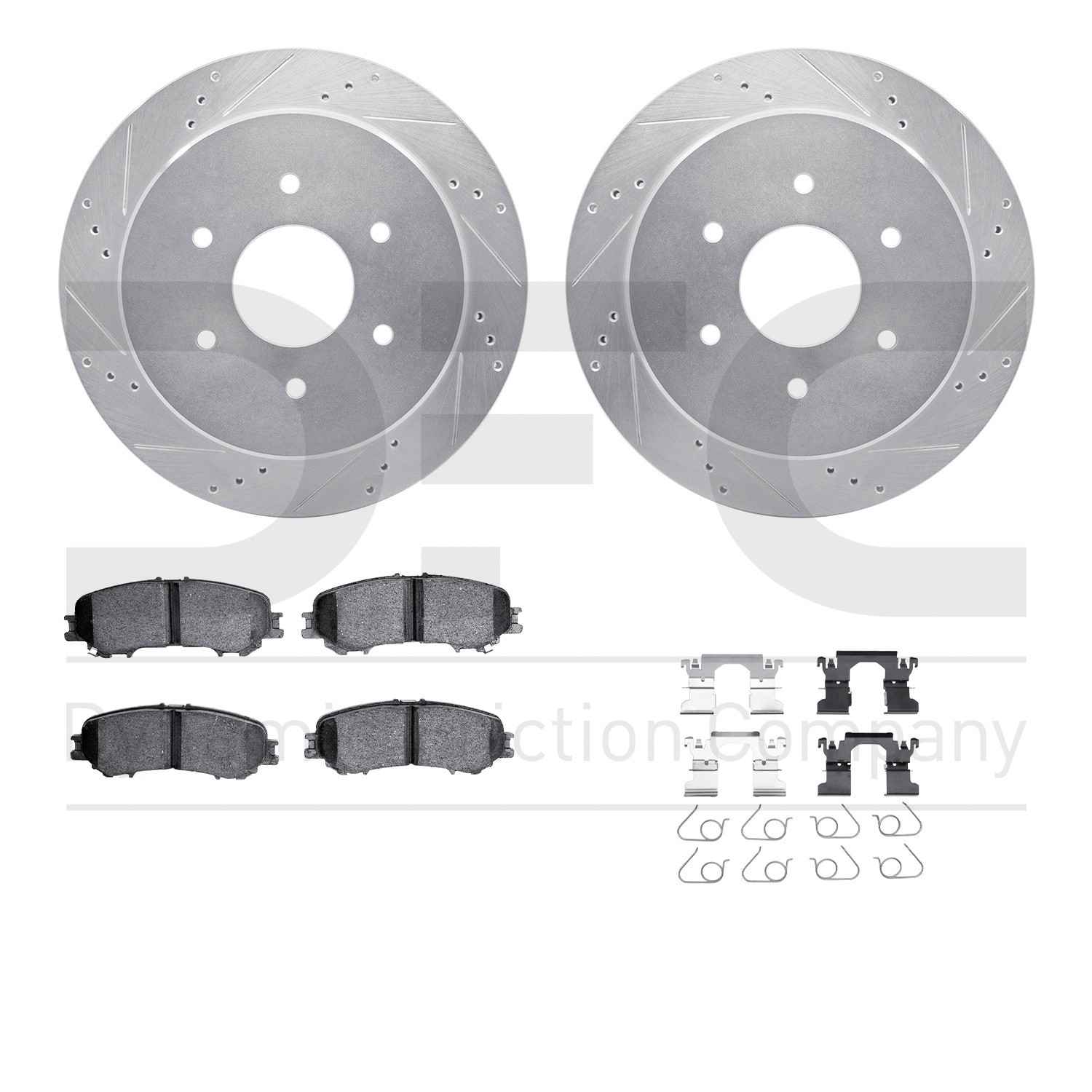 R1 Concepts 17-24 Nissan Titan Rear Drilled & Slotted Silver Brake Rotor Set w/Optimum OE Pads and Hardware