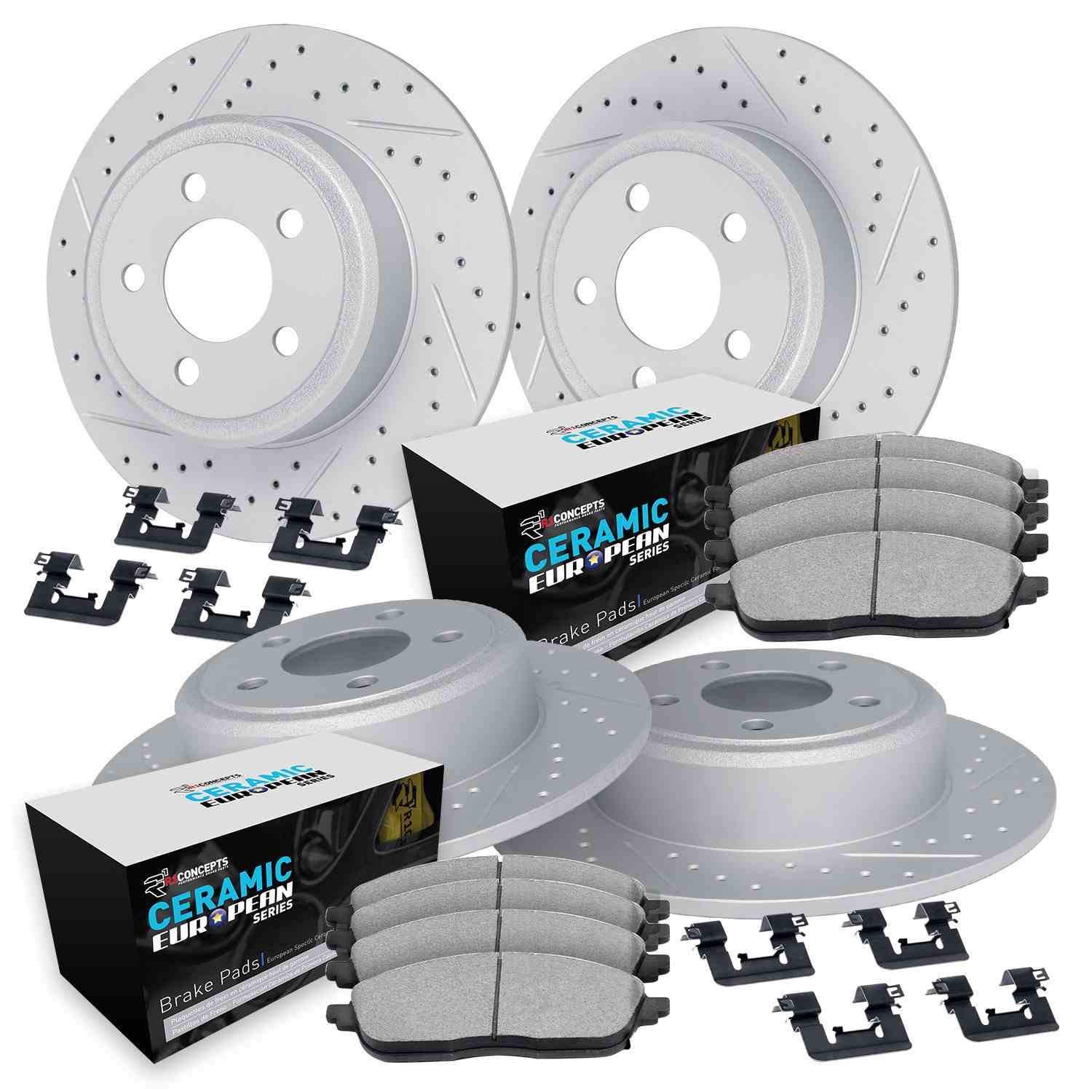 R1 Concepts 17-25 Alfa Romeo Giulia Front & Rear Drill/Slot Carbon Coated Rotor Set w/Euro Ceramic Pads