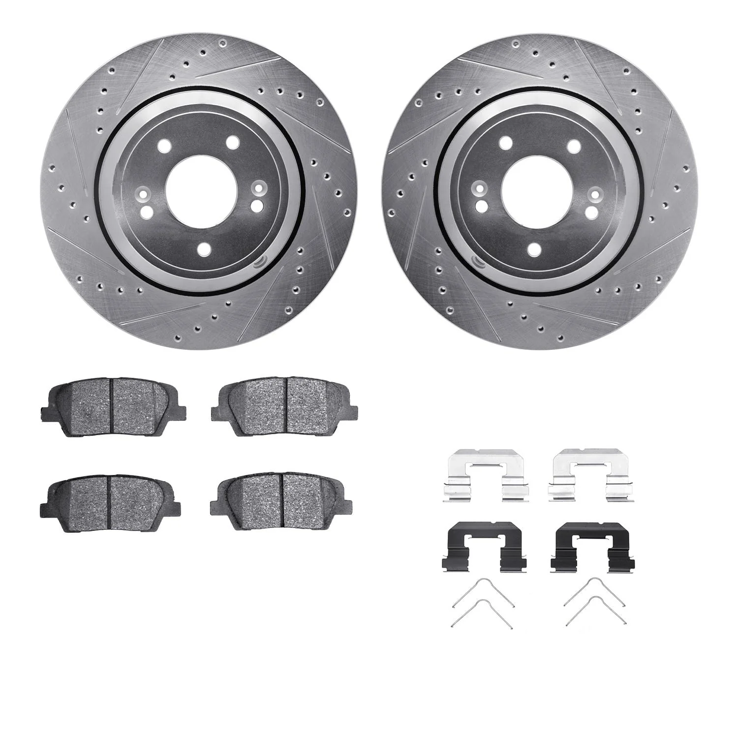 R1 Concepts 18-23 Genesis G80 Rear Drilled & Slotted Silver Brake Rotor Set w/Optimum OE Pads and Hardware