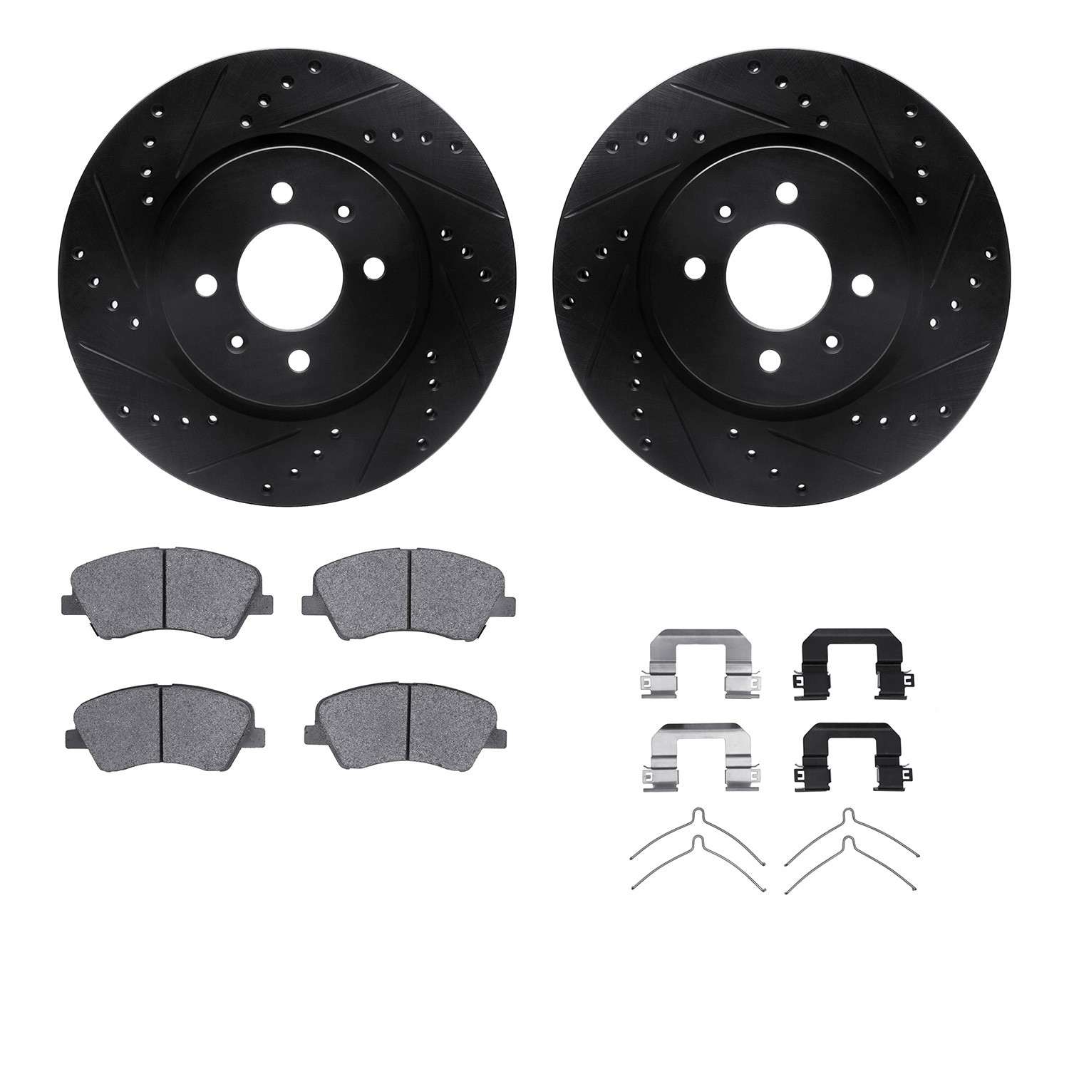 R1 Concepts 18-23 Hyundai Accent Front Drilled & Slotted Black Brake Rotor Set w/Optimum OE Pads and Hardware