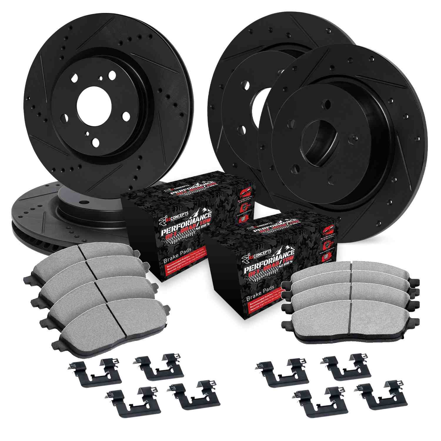 R1 Concepts 18-24 Jeep Wrangler Front & Rear Drill/Slot Black Rotors w/Off-Road/Tow Pads