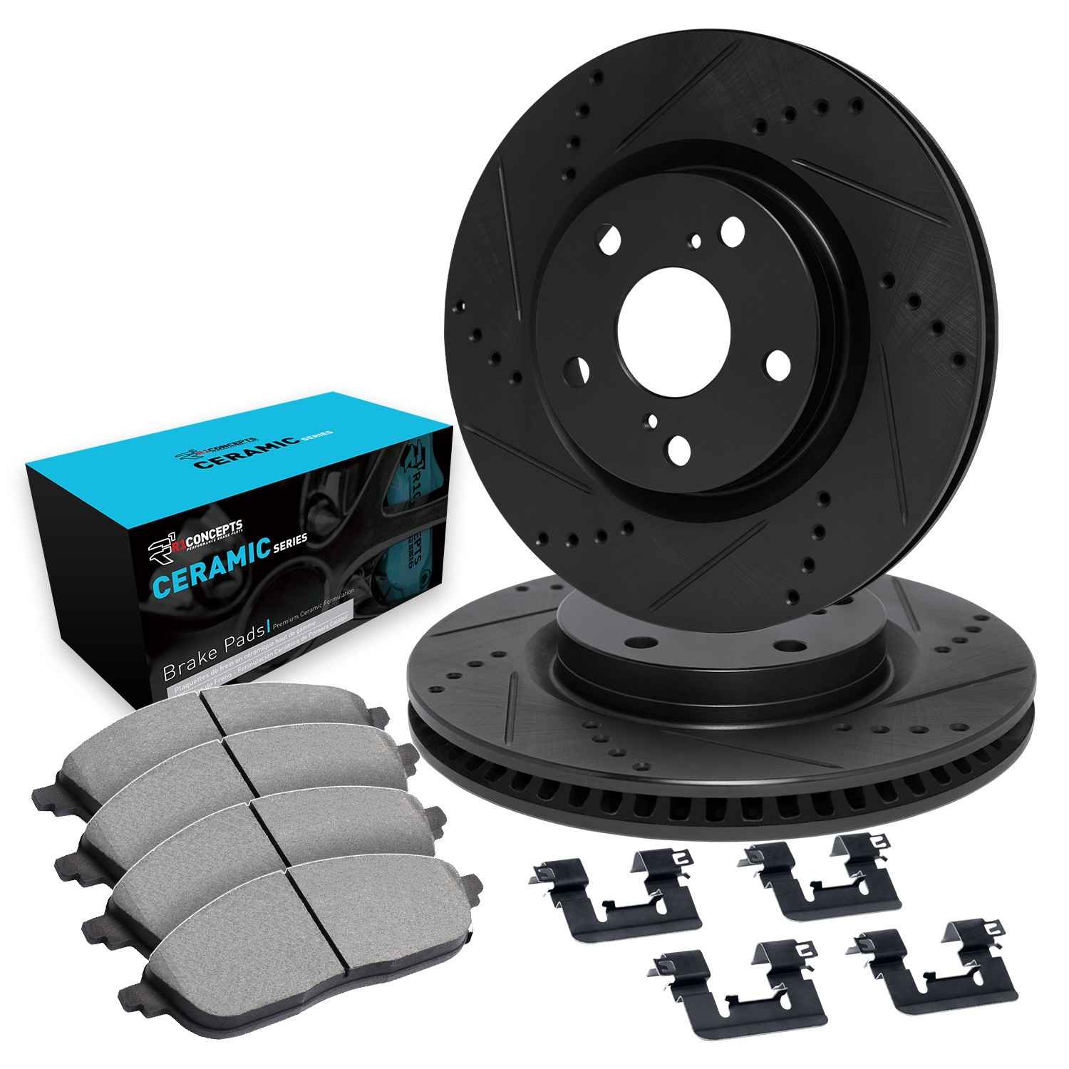 R1 Concepts 18-24 Subaru WRX STI Rear Drilled & Slotted Black Brake Rotor Set w/Ceramic Pads and Hardware