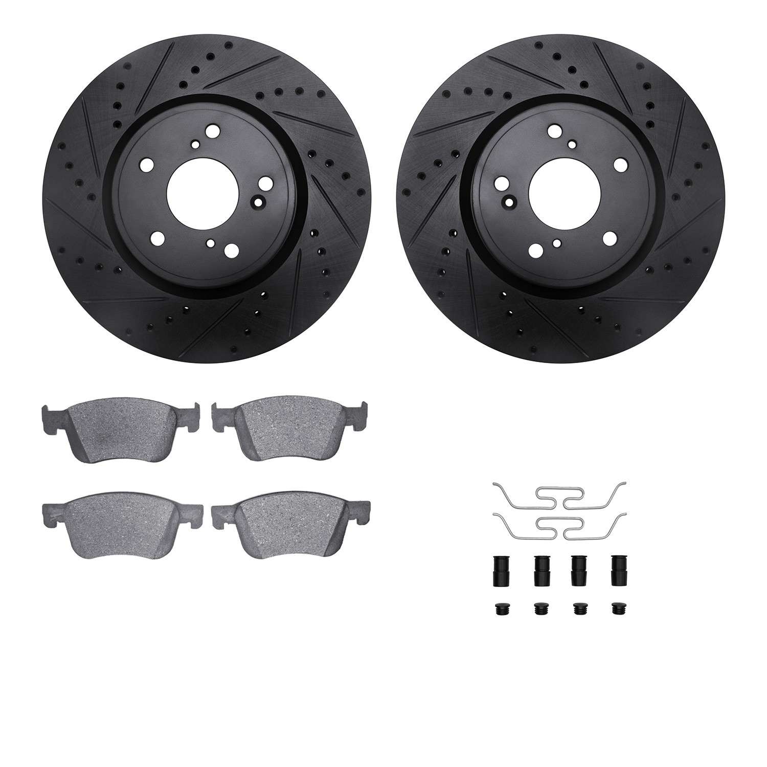 R1 Concepts 18-25 Acura Integra Front Drilled & Slotted Black Brake Rotor Set w/Optimum OE Pads and Hardware