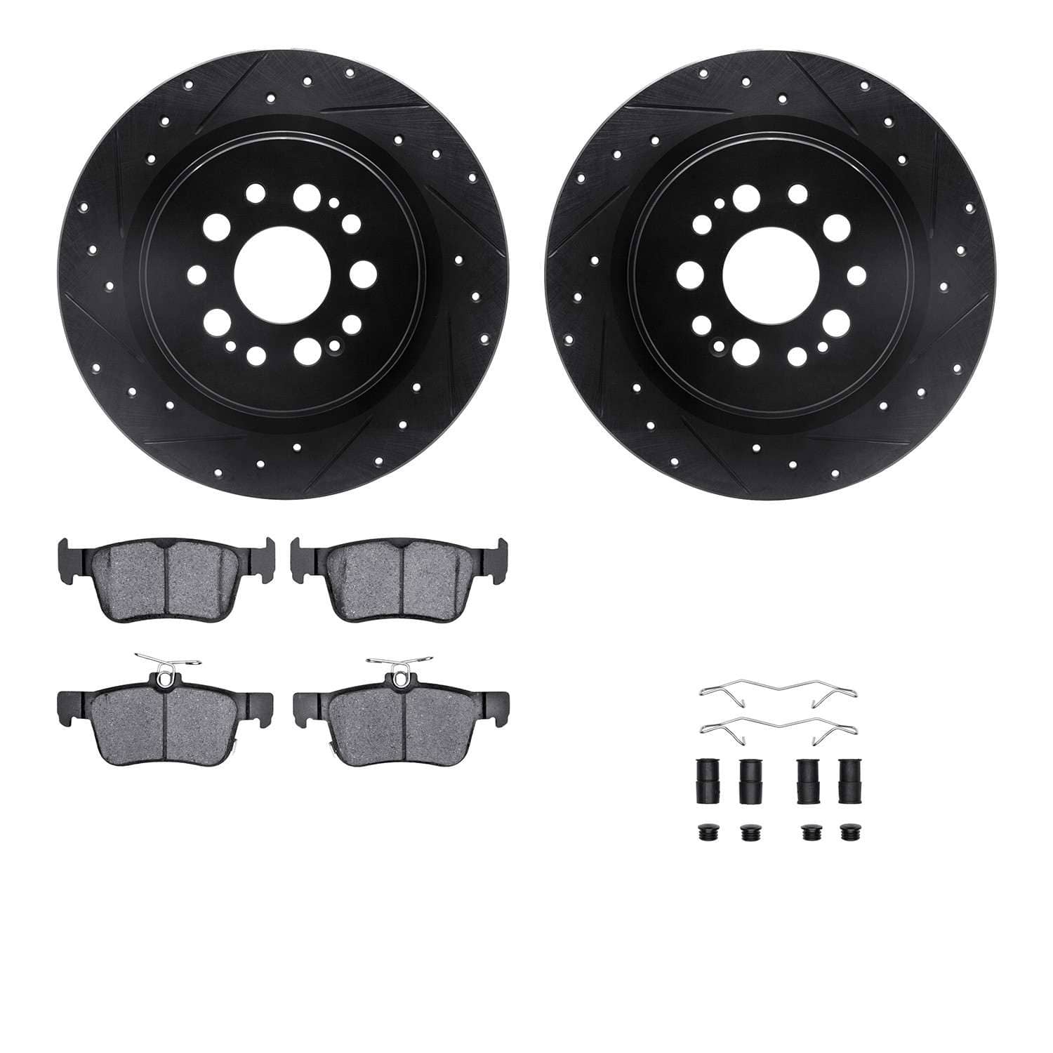 R1 Concepts 19-19 Acura RDX Rear Drilled & Slotted Black Brake Rotor Set w/Optimum OE Pads and Hardware