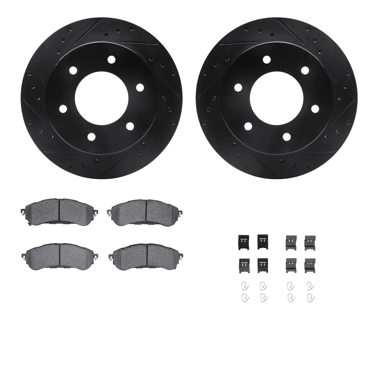 R1 Concepts 19-23 Ford Ranger Rear Drilled & Slotted Black Brake Rotor Set w/Optimum OE Pads and Hardware