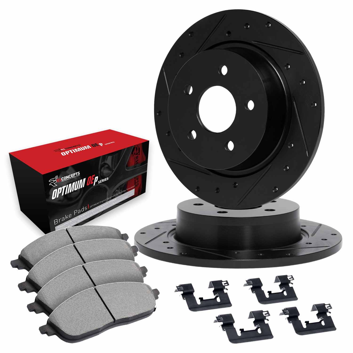 R1 Concepts 19-24 Nissan Altima Rear Drilled & Slotted Black Brake Rotor Set w/Optimum OE Pads and Hardware