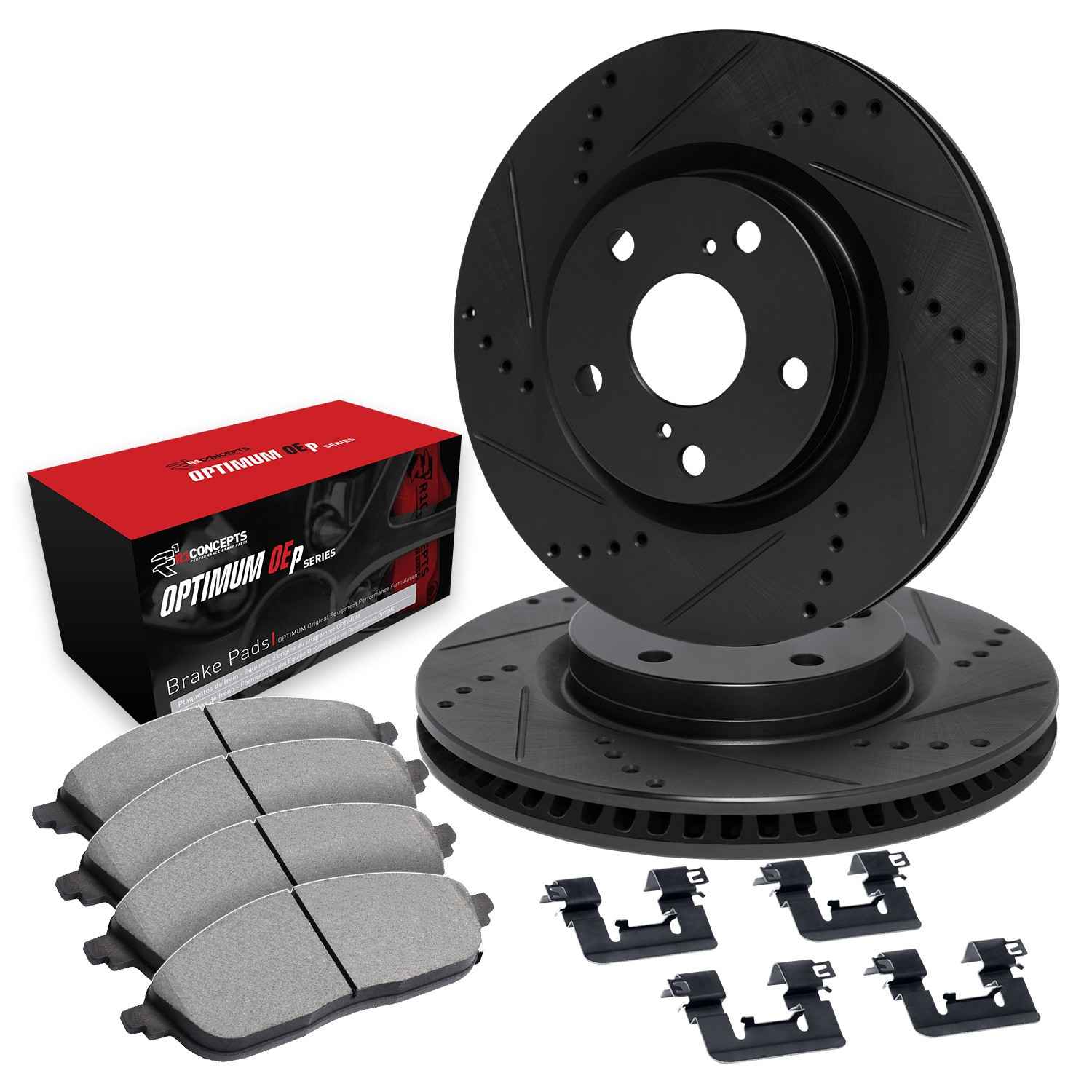 R1 Concepts 20-24 Jeep Wrangler Rear Drilled & Slotted Black Brake Rotor Set w/Optimum OE Pads and Hardware