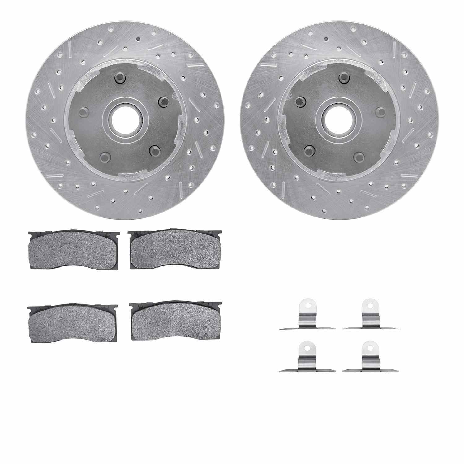 R1 Concepts 65-67 Ford Falcon Front Drilled & Slotted Silver Brake Rotor Set w/Optimum OE Pads and Hardware
