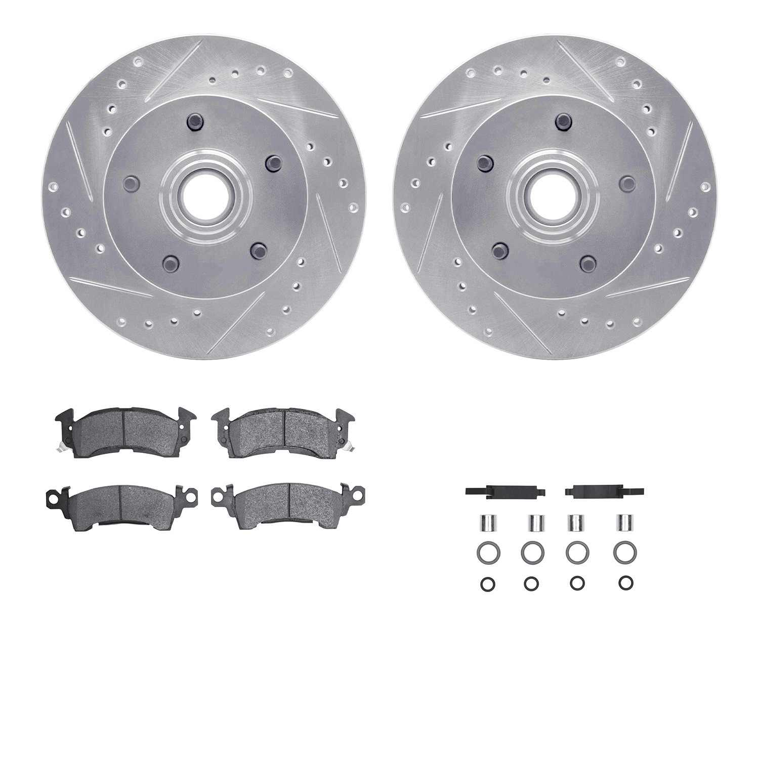 R1 Concepts 69-74 Buick Special Front Drilled & Slotted Silver Brake Rotor Set w/Optimum OE Pads and Hardware