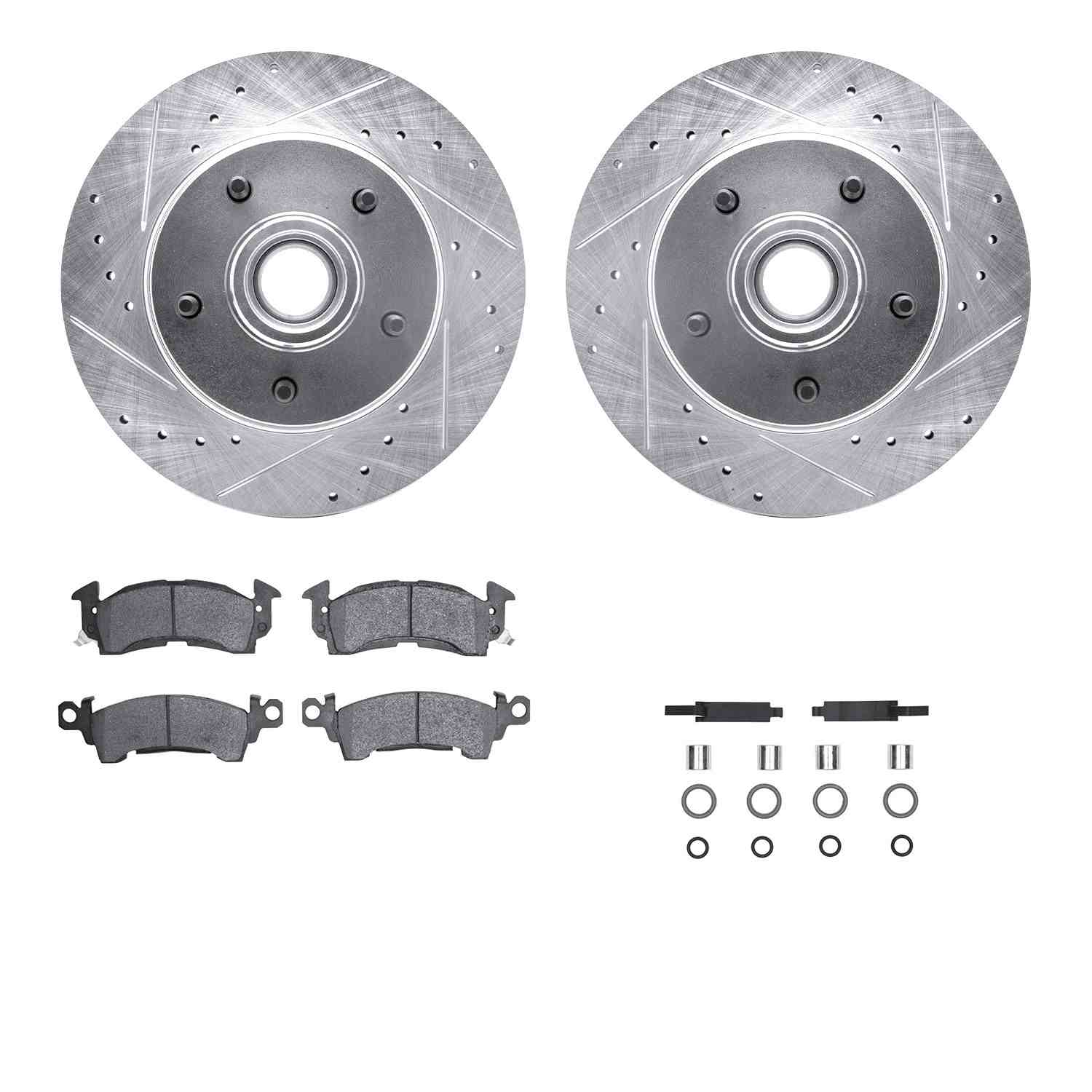 R1 Concepts 70-81 Buick Skylark Front Drilled & Slotted Silver Brake Rotor Set w/Optimum OE Pads and Hardware
