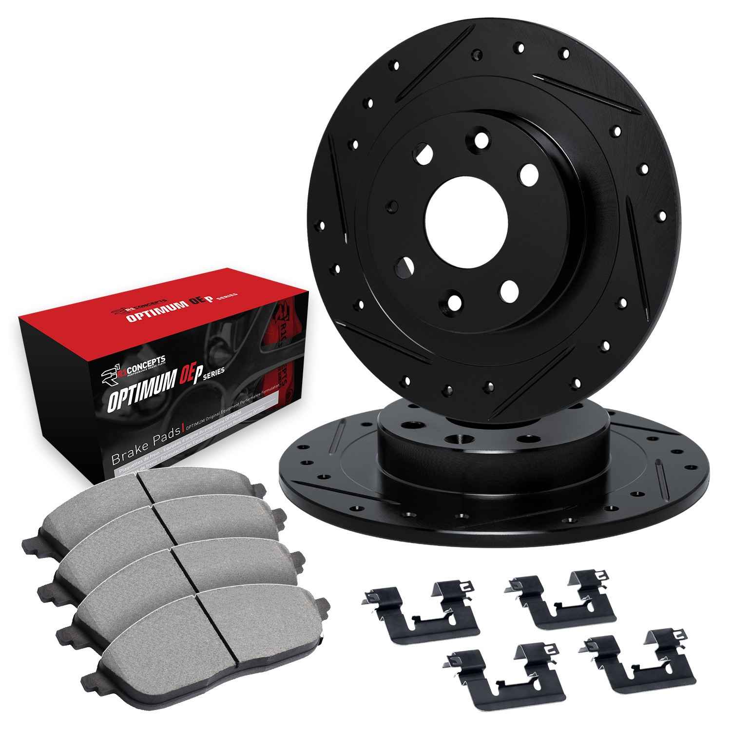 R1 Concepts 72-72 Toyota Corona Front Drilled & Slotted Black Brake Rotor Set w/Optimum OE Pads and Hardware