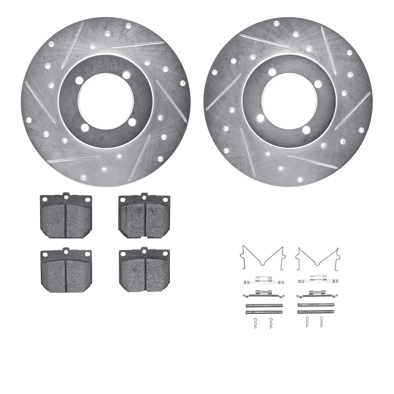 R1 Concepts 74-78 Nissan 260Z Front Drilled & Slotted Silver Brake Rotor Set w/Optimum OE Pads and Hardware