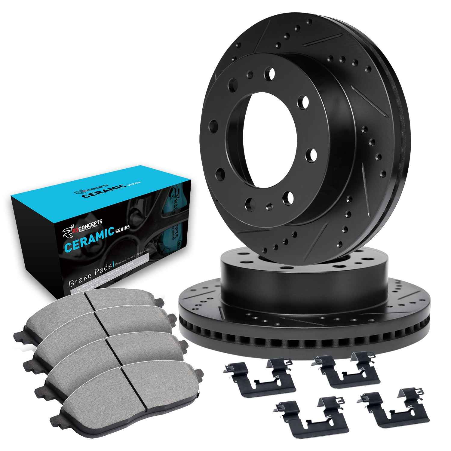 R1 Concepts 80-93 Dodge W250 Front Drilled & Slotted Black Brake Rotor Set w/Ceramic Pads and Hardware