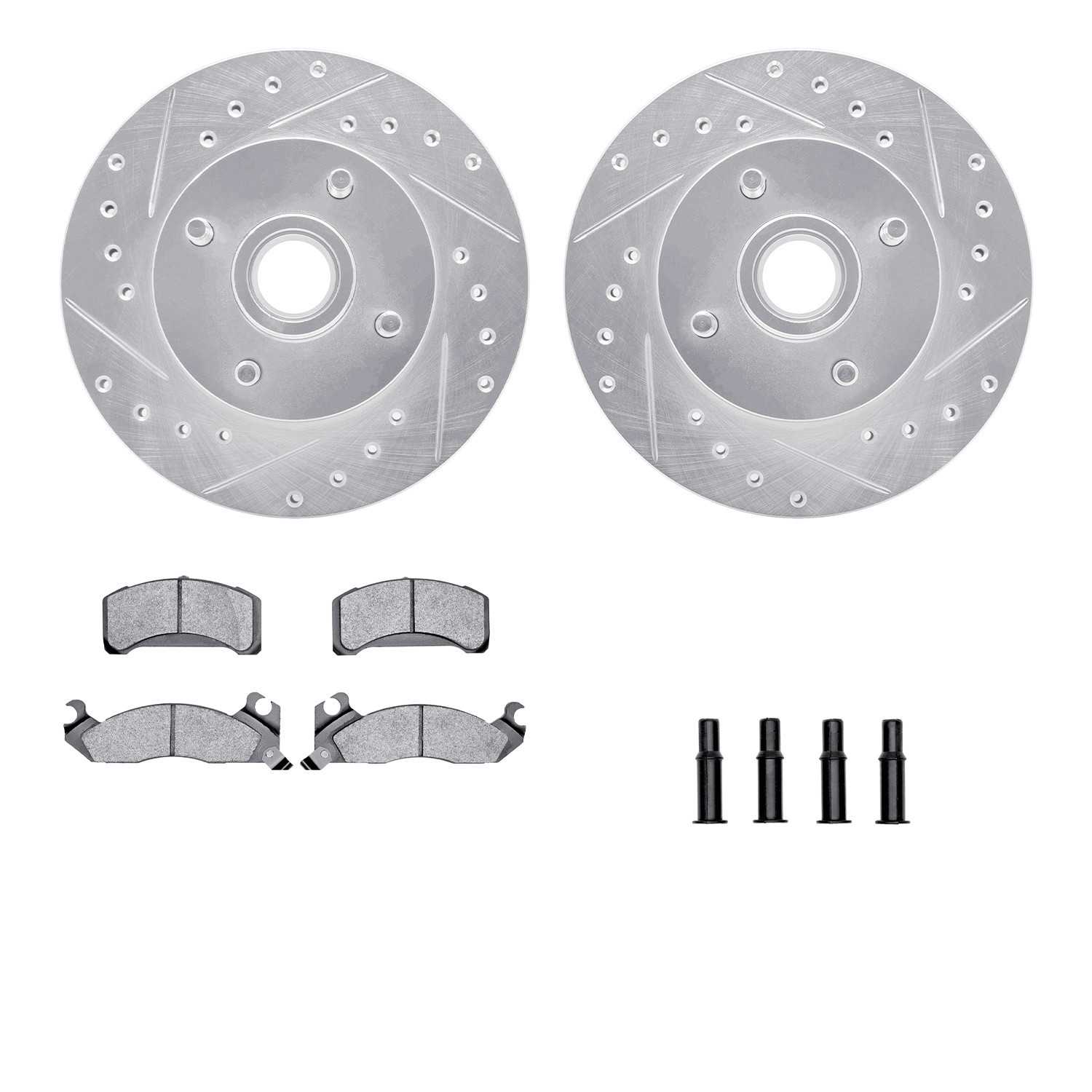 R1 Concepts 82-93 Ford Mustang Front Drilled & Slotted Silver Brake Rotor Set w/Optimum OE Pads and Hardware
