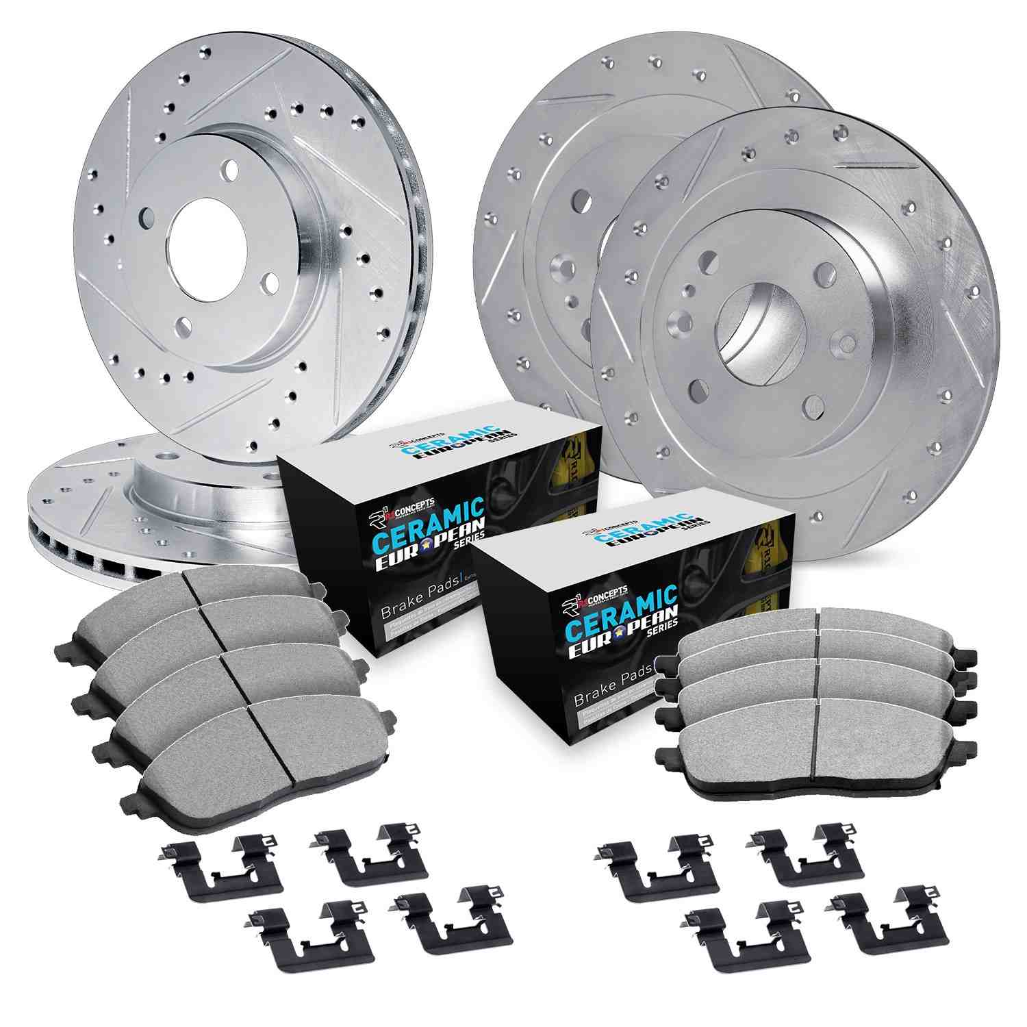 R1 Concepts 83-93 Jaguar XJRS Front & Rear Drill/Slot Silver Rotors w/Euro Ceramic Pads