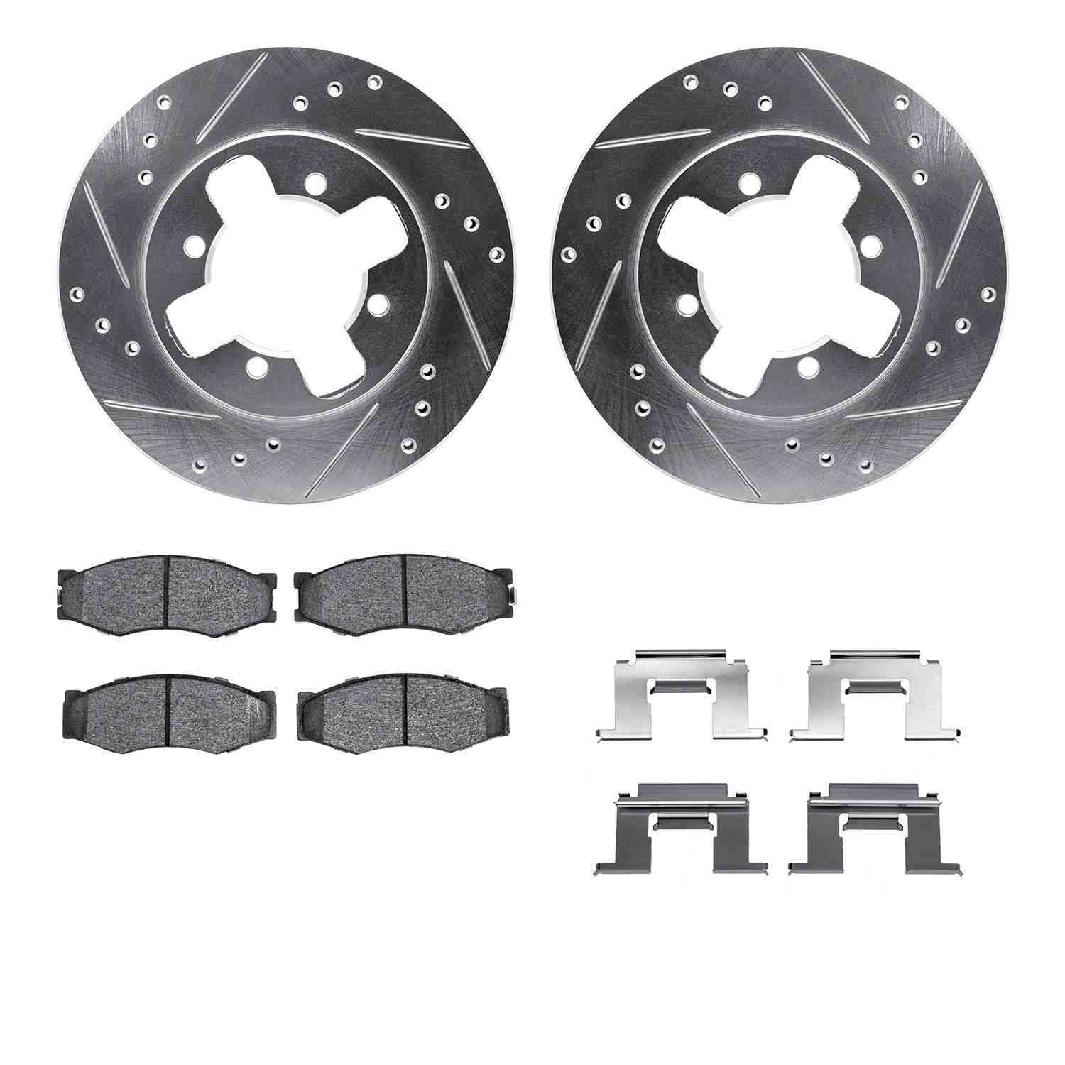 R1 Concepts 84-86 Nissan 300ZX Front Drilled & Slotted Silver Brake Rotor Set w/Optimum OE Pads and Hardware