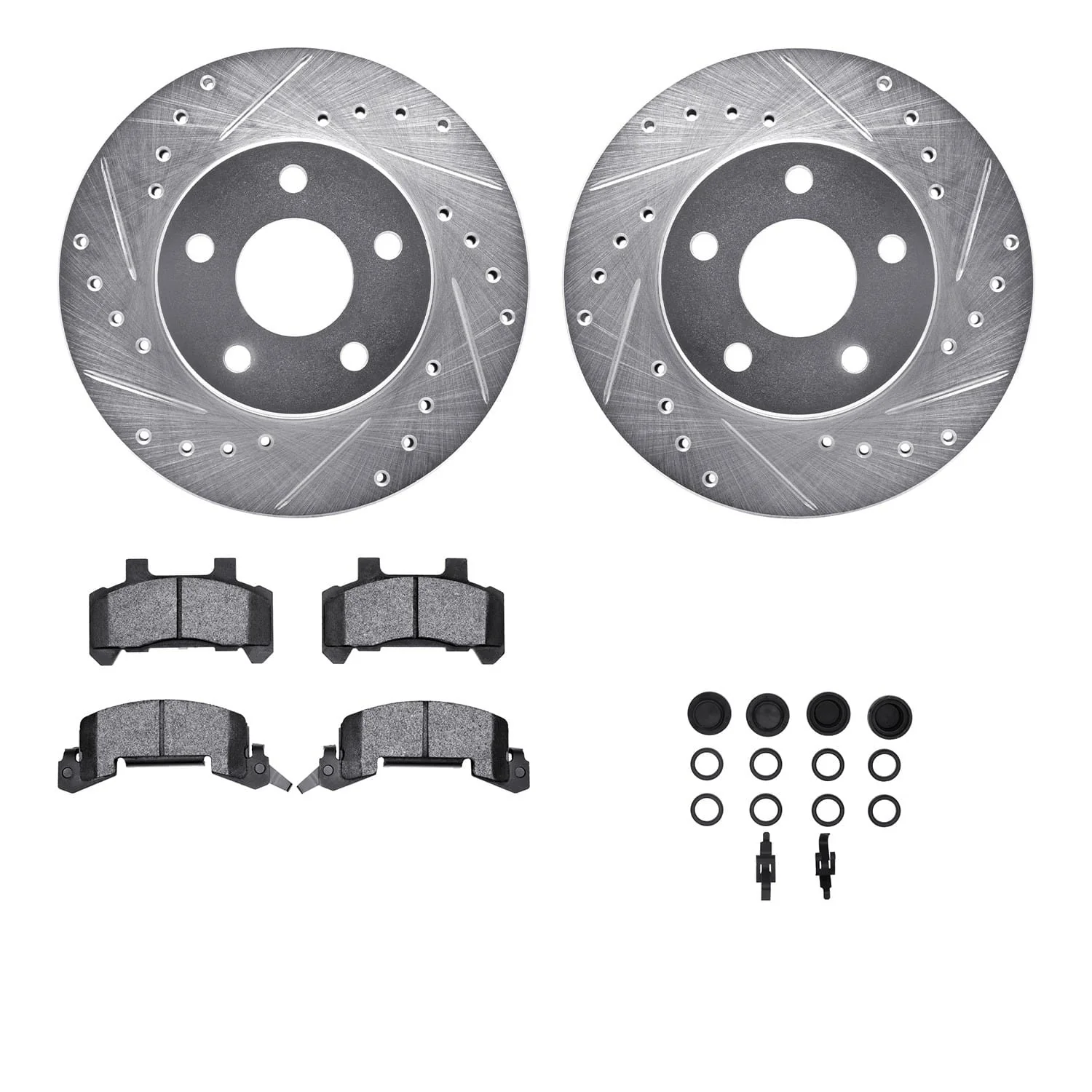R1 Concepts 85-89 Buick Skyhawk Front Drilled & Slotted Silver Brake Rotor Set w/Optimum OE Pads and Hardware