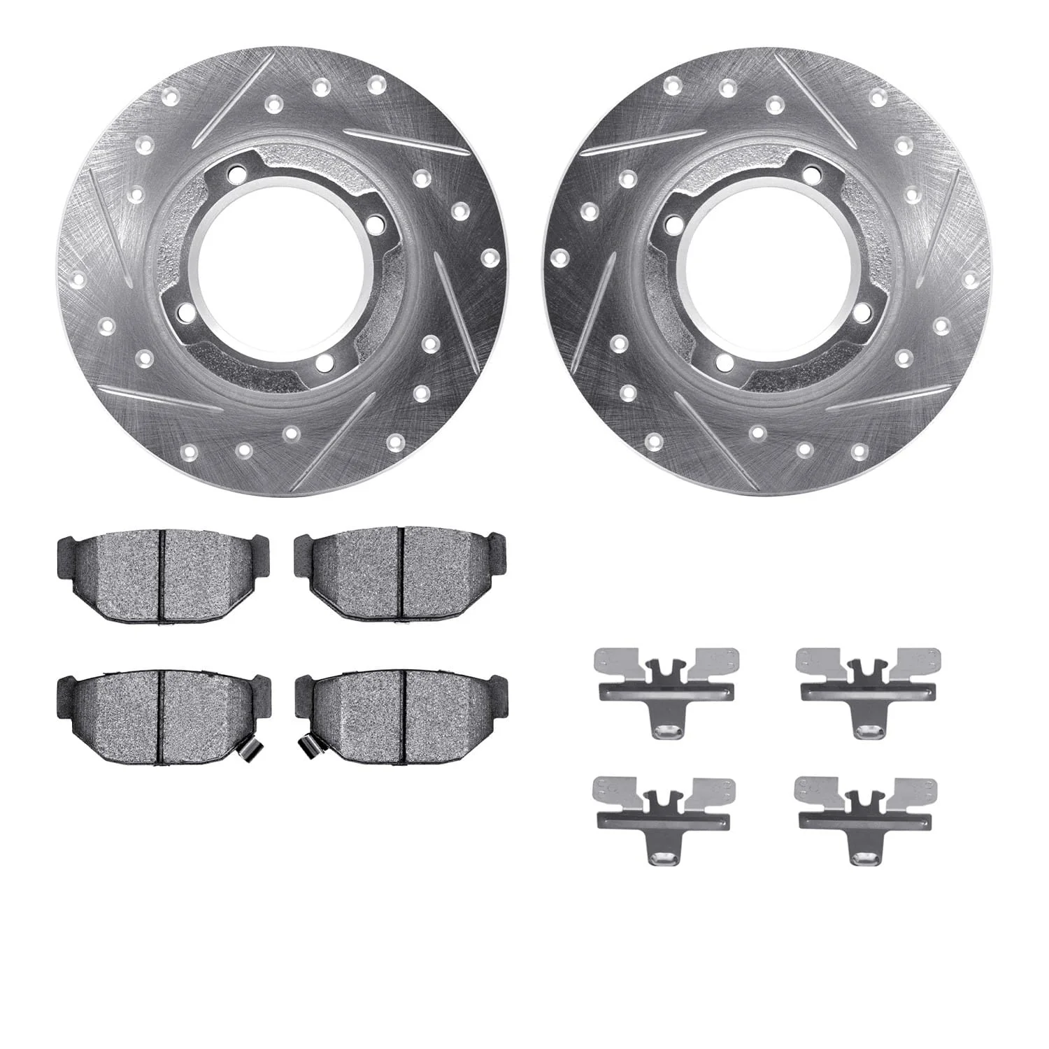 R1 Concepts 85-91 Subaru XT Rear Drilled & Slotted Silver Brake Rotor Set w/Optimum OE Pads and Hardware