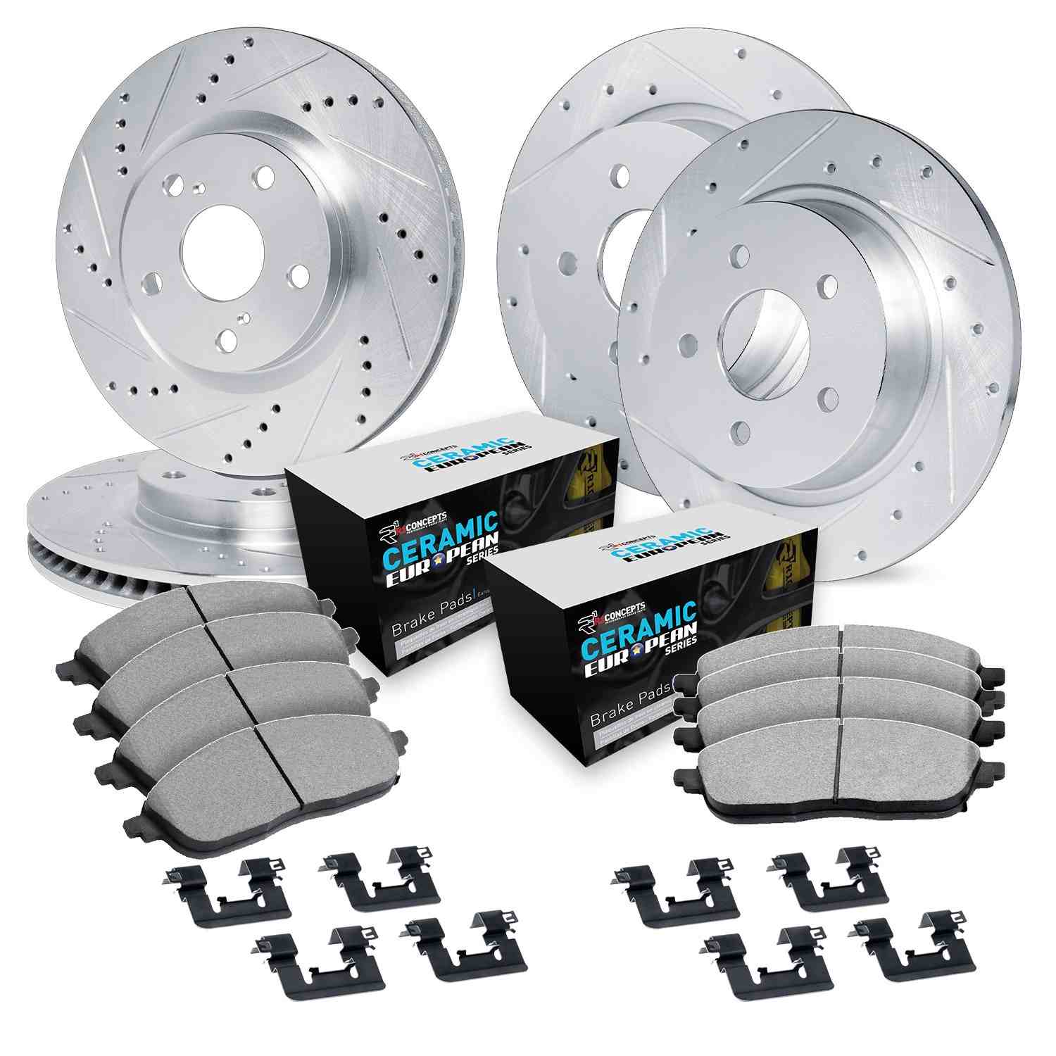 R1 Concepts 86-89 Mercedes-Benz 560SL Front & Rear Drill/Slot Silver Rotors w/Euro Ceramic Pads