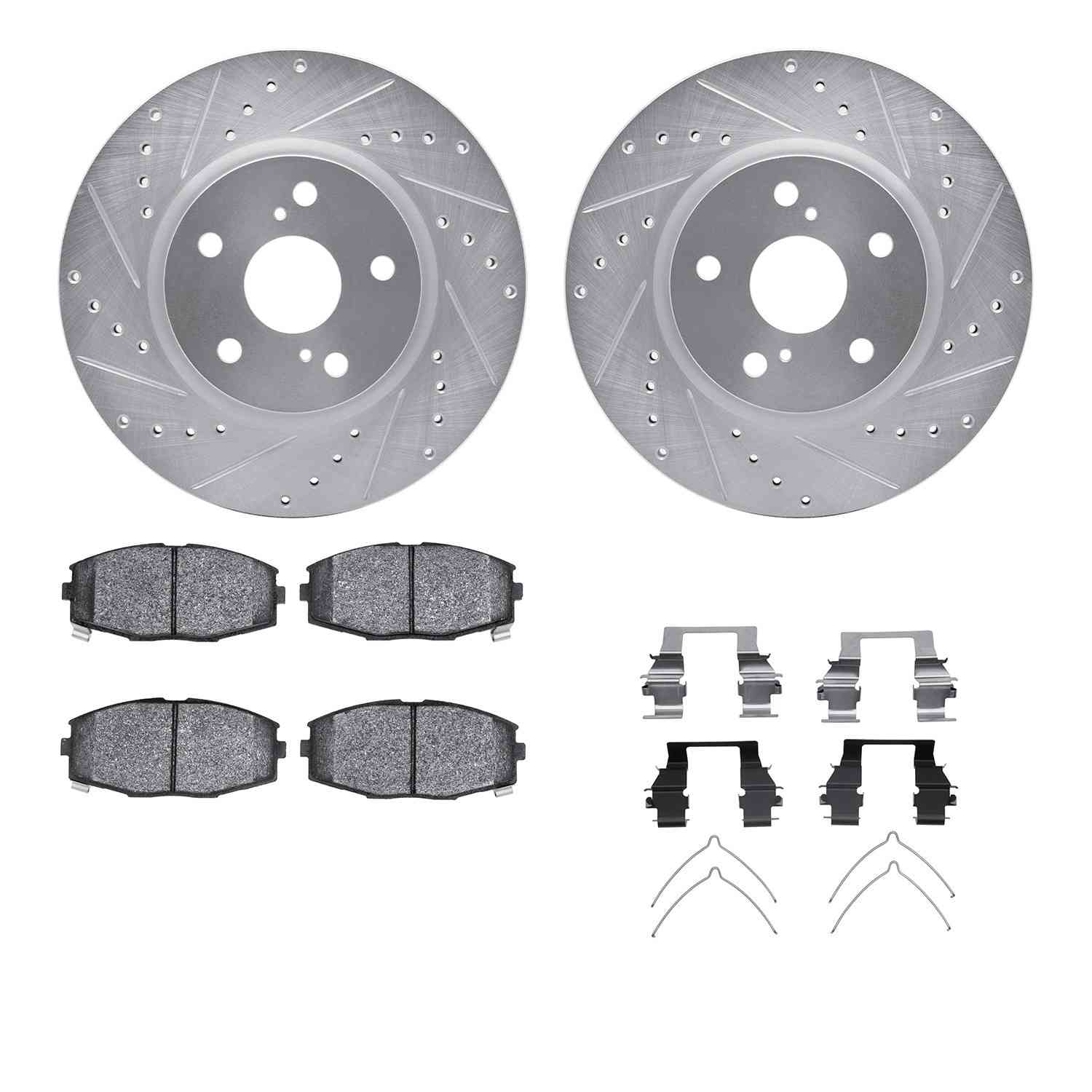 R1 Concepts 86-92 Toyota Supra Front Drilled & Slotted Silver Brake Rotor Set w/Optimum OE Pads and Hardware