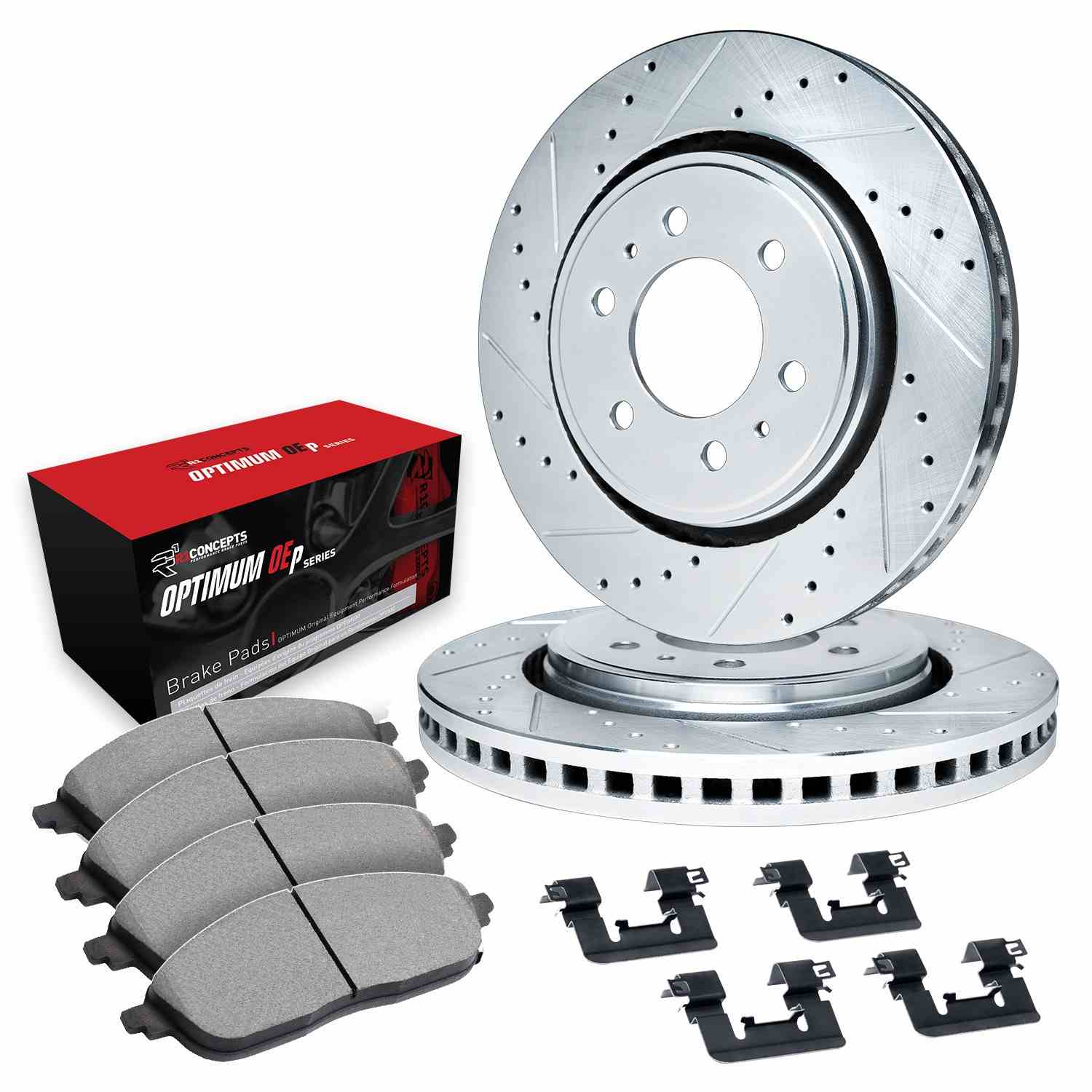 R1 Concepts 86-96 Dodge Ram 50 Front Drilled & Slotted Silver Brake Rotor Set w/Optimum OE Pads and Hardware