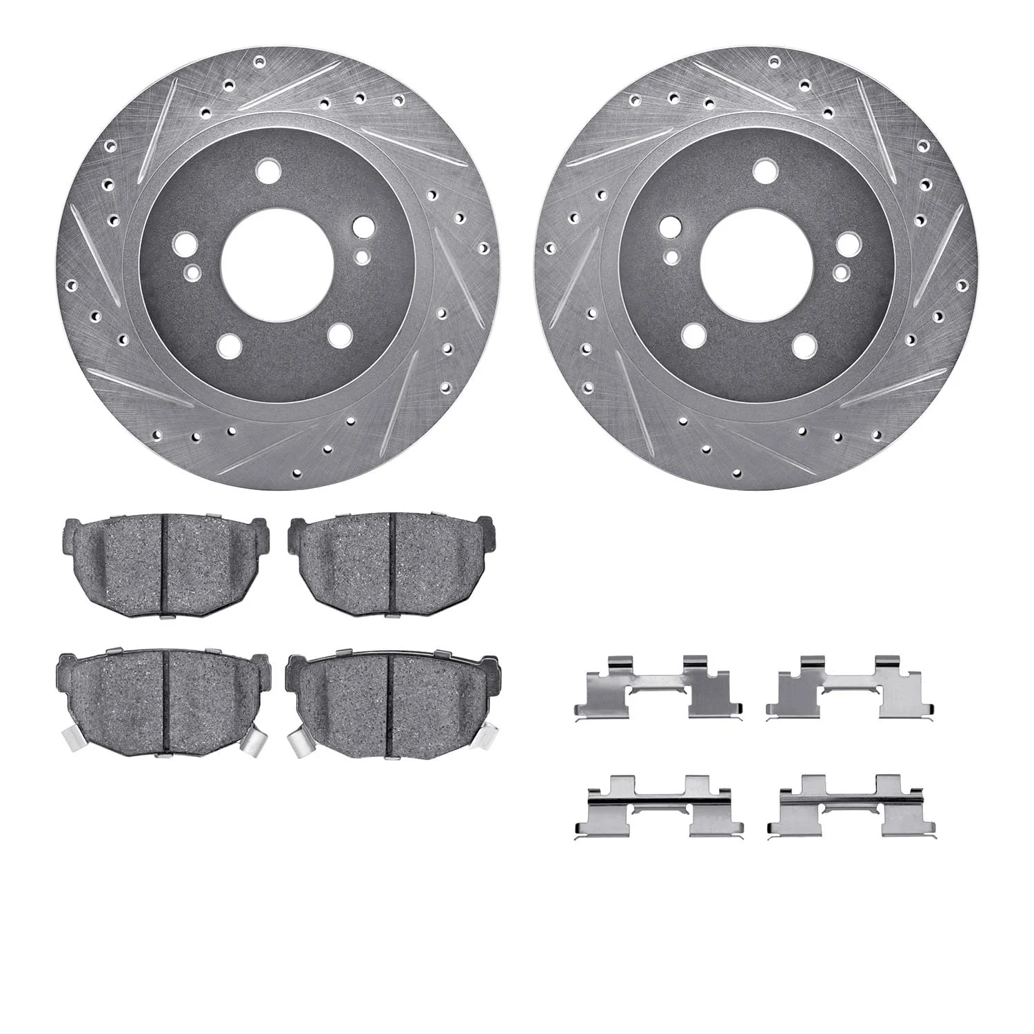 R1 Concepts 87-89 Nissan 300ZX Rear Drilled & Slotted Silver Brake Rotor Set w/Optimum OE Pads and Hardware