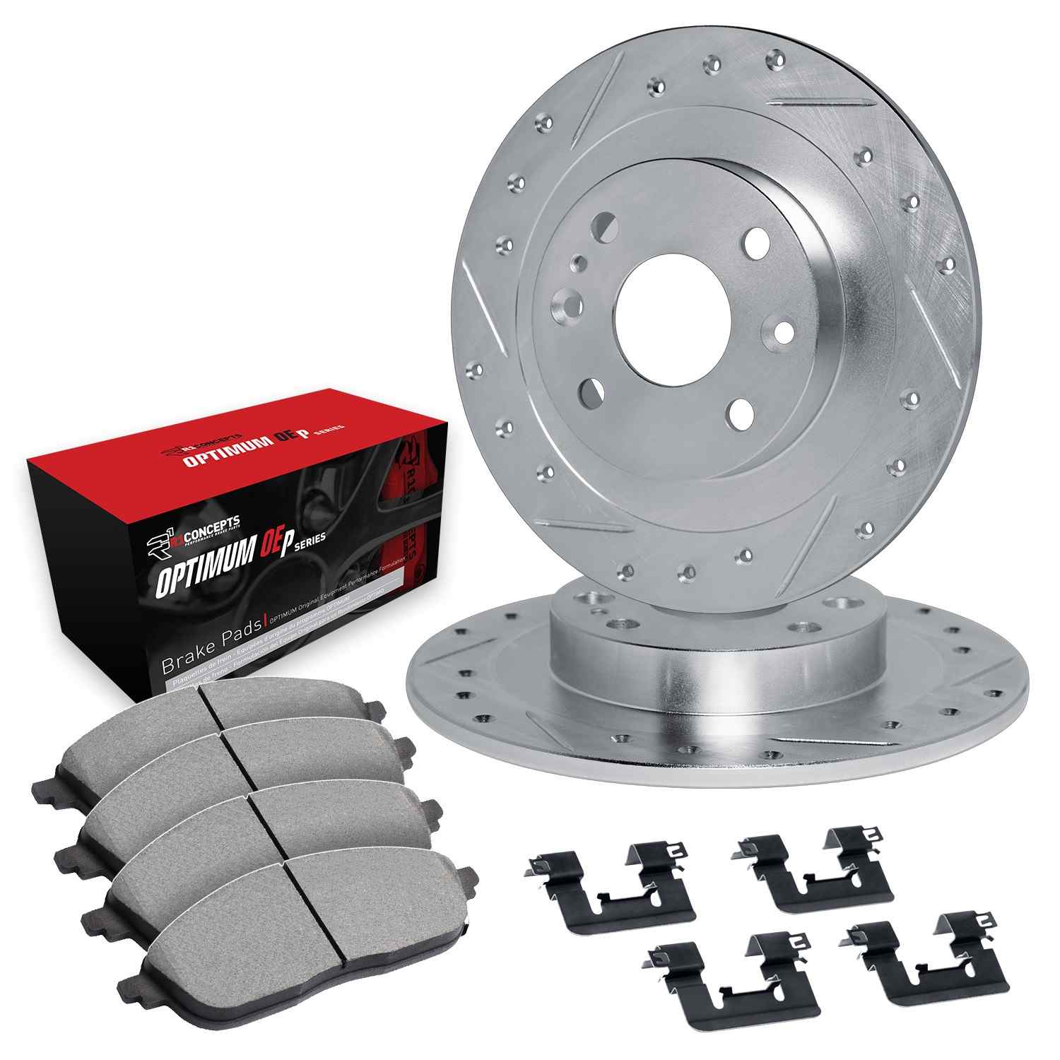 R1 Concepts 87-89 Toyota MR2 Rear Drilled & Slotted Silver Brake Rotor Set w/Optimum OE Pads and Hardware - Image 2