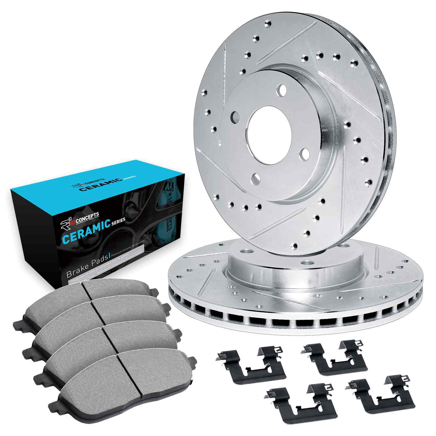 R1 Concepts 88-92 Geo Prizm Front Drilled & Slotted Silver Brake Rotor Set w/Ceramic Pads and Hardware