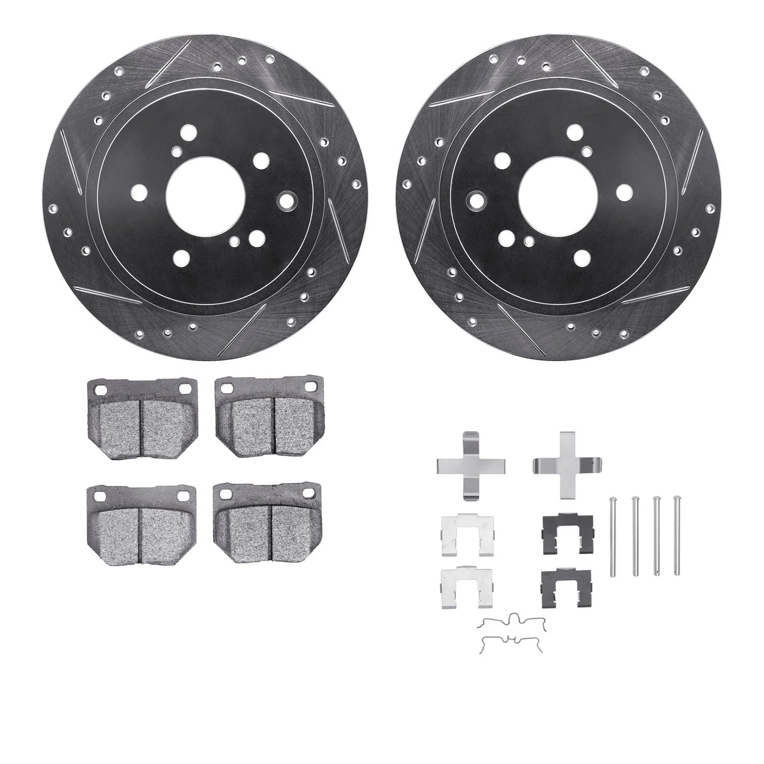R1 Concepts 89-96 Nissan 300ZX Rear Drilled & Slotted Silver Brake Rotor Set w/Ceramic Pads and Hardware