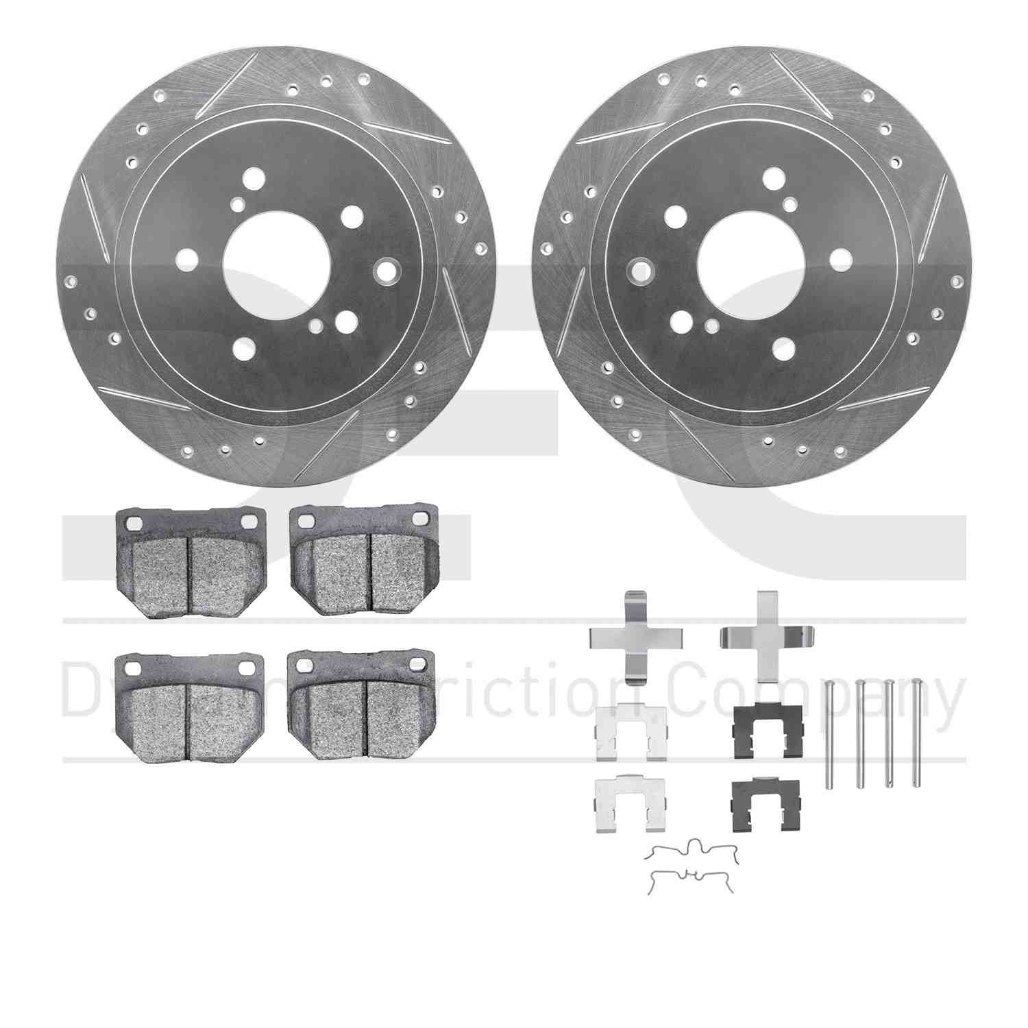 R1 Concepts 89-96 Nissan 300ZX Rear Drilled & Slotted Silver Brake Rotor Set w/Optimum OE Pads and Hardware