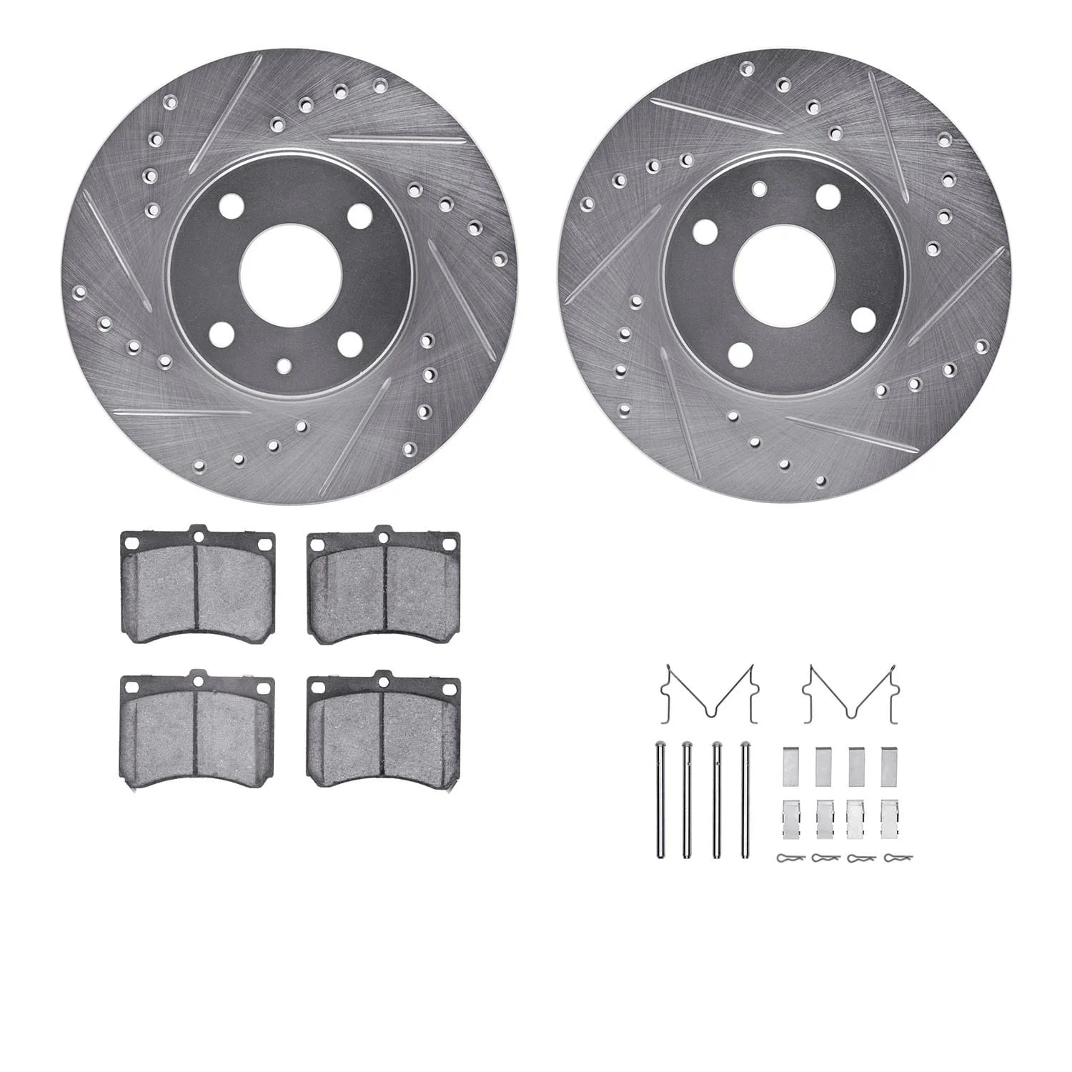 R1 Concepts 90-03 Ford Escort Front Drilled & Slotted Silver Brake Rotor Set w/Ceramic Pads and Hardware