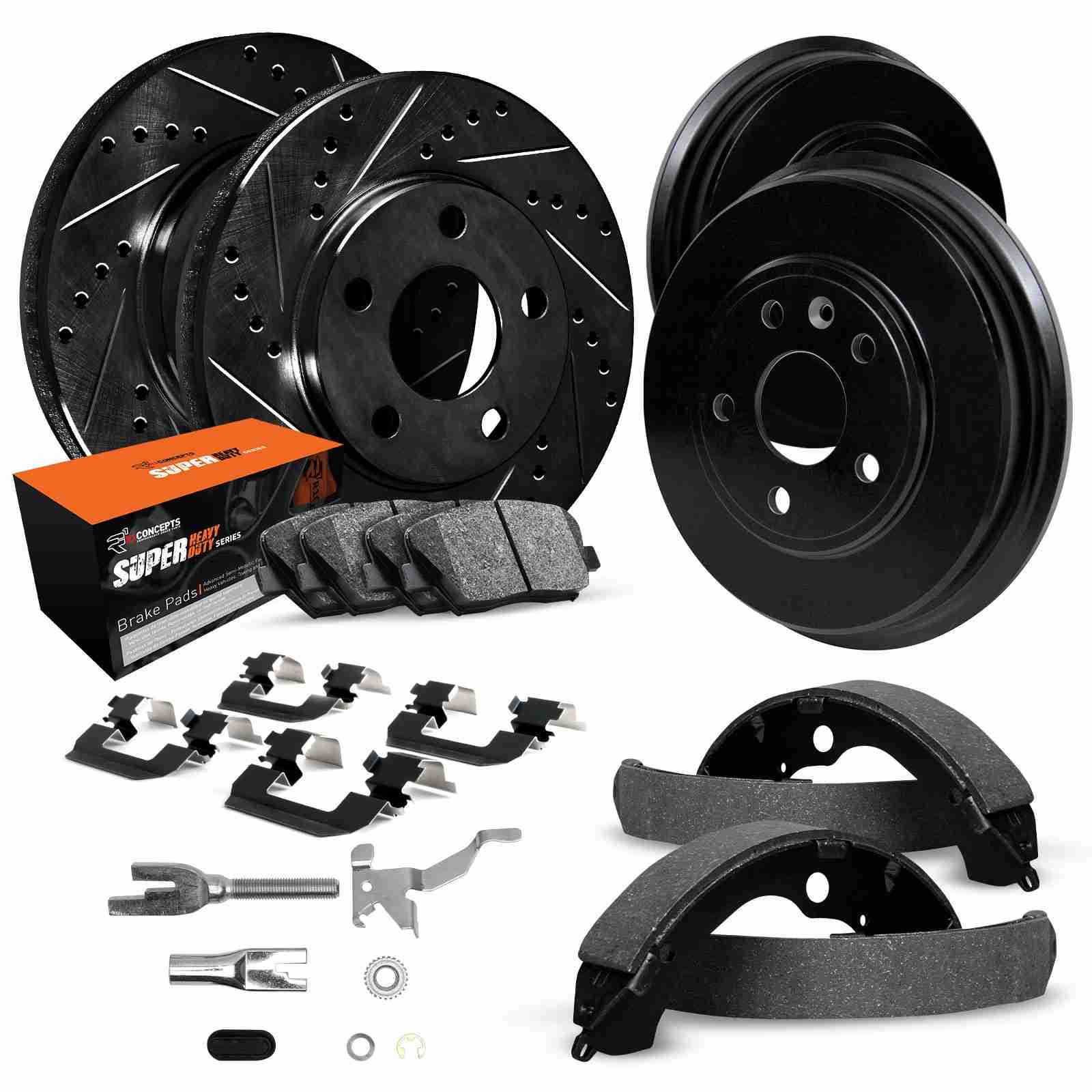 R1 Concepts 90-99 Jeep Cherokee Front & Rear Drill/Slot Black Rotor/Drum w/Super Duty Pads