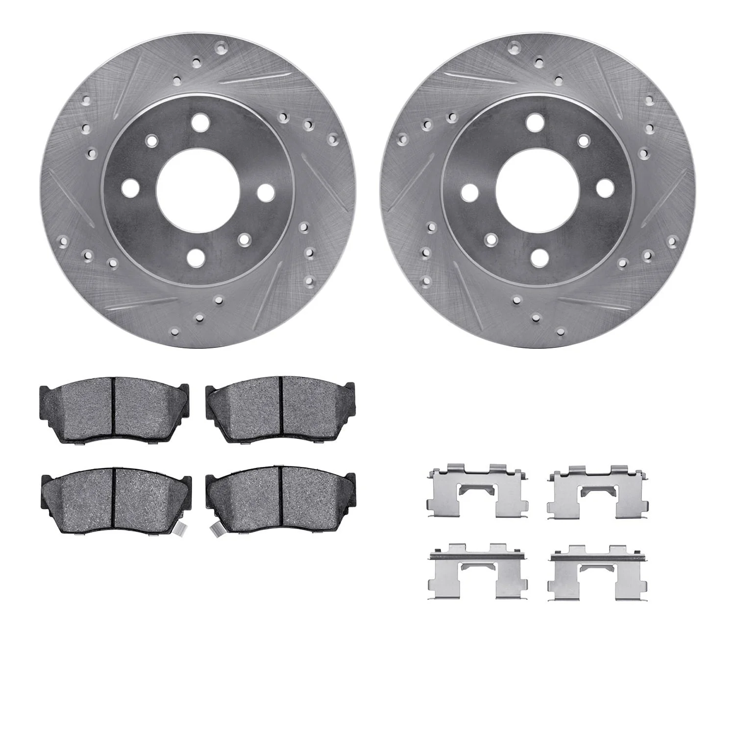 R1 Concepts 91-17 Nissan NX Front Drilled & Slotted Silver Brake Rotor Set w/Optimum OE Pads and Hardware