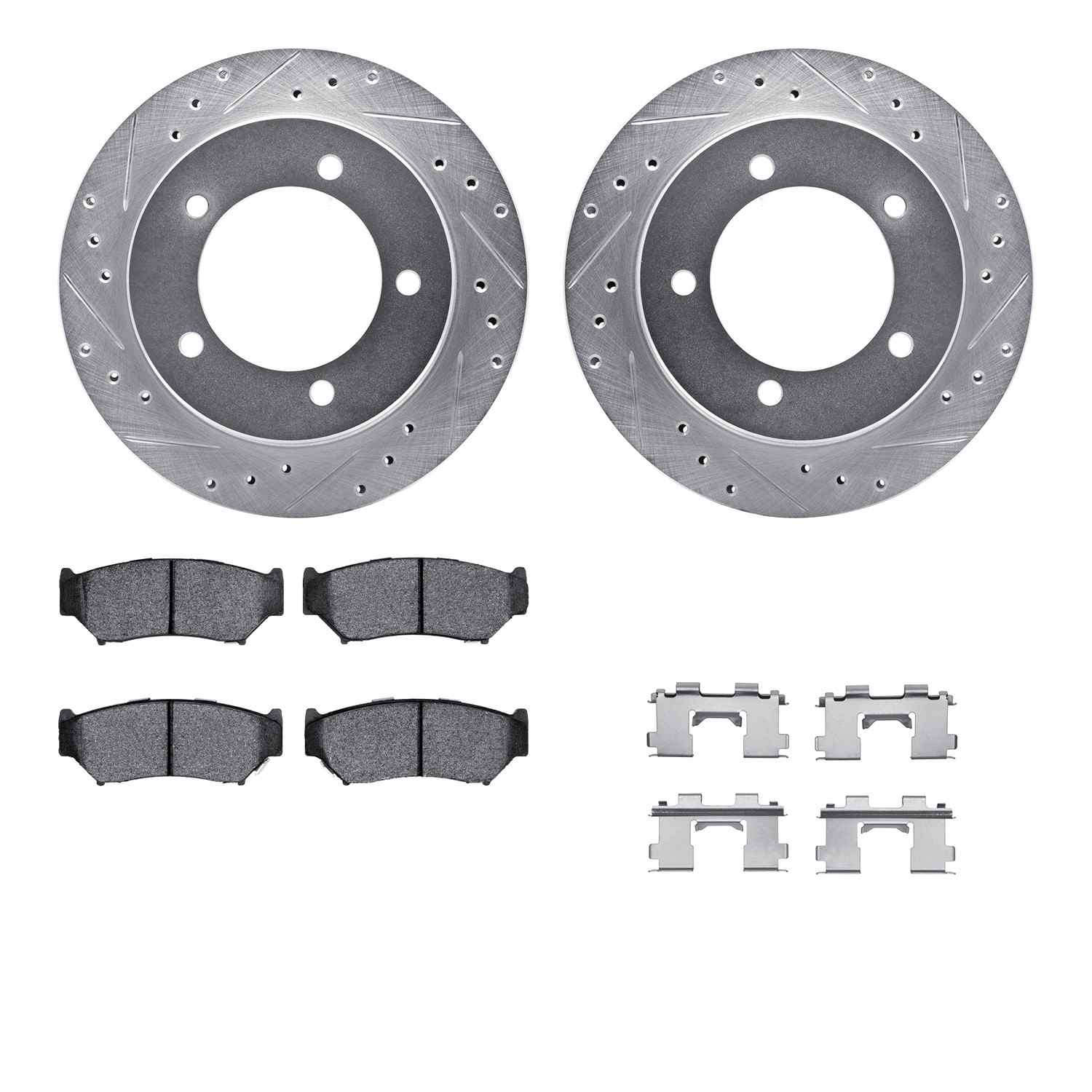 R1 Concepts 91-98 Geo Tracker Front Drilled & Slotted Silver Brake Rotor Set w/Optimum OE Pads and Hardware