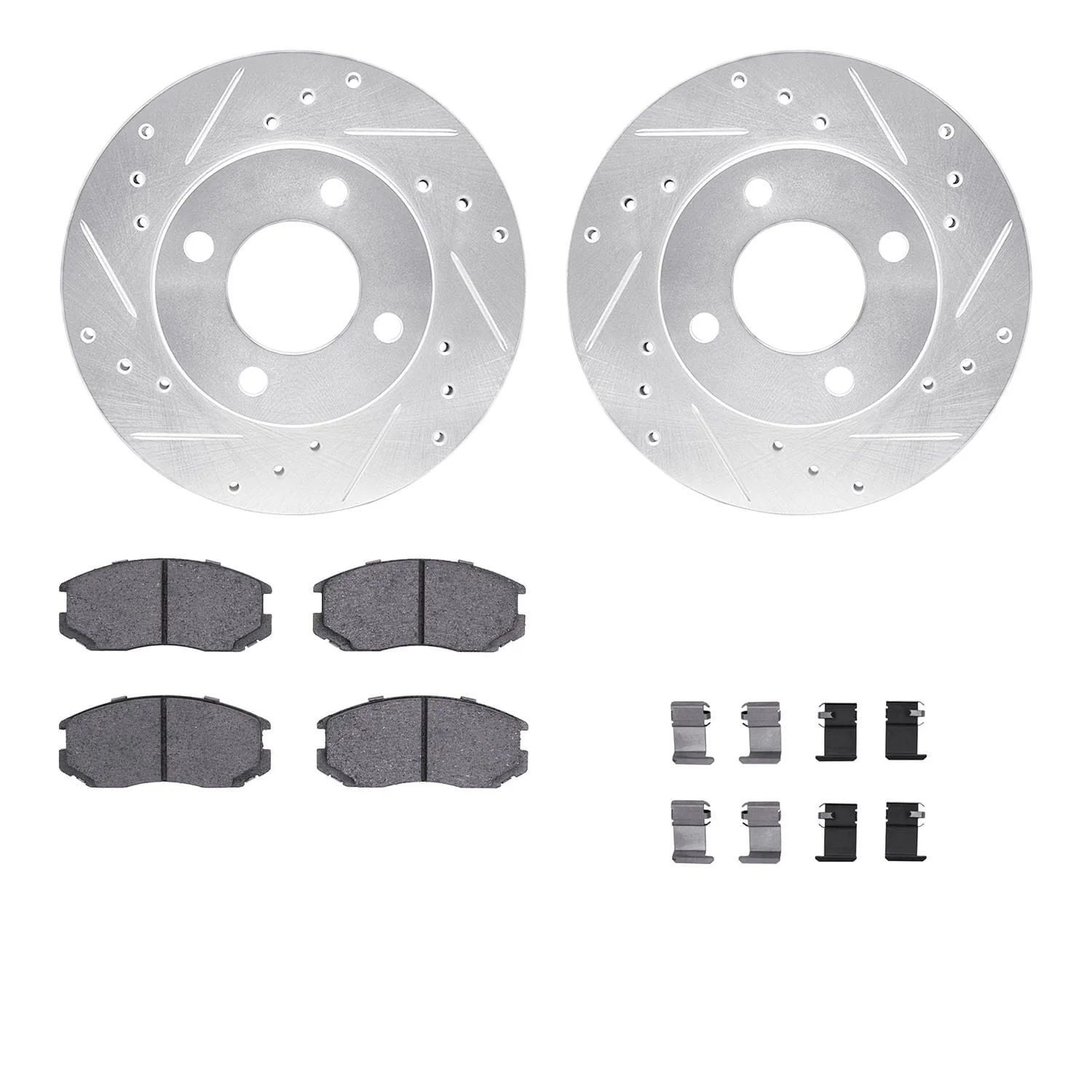 R1 Concepts 92-00 Dodge Colt Front Drilled & Slotted Silver Brake Rotor Set w/Ceramic Pads and Hardware