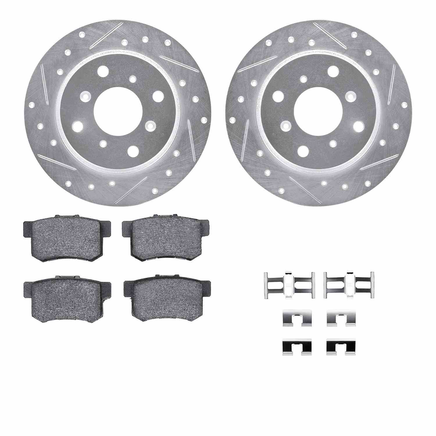 R1 Concepts 92-96 Honda Prelude Rear Drilled & Slotted Silver Brake Rotor Set w/Optimum OE Pads and Hardware