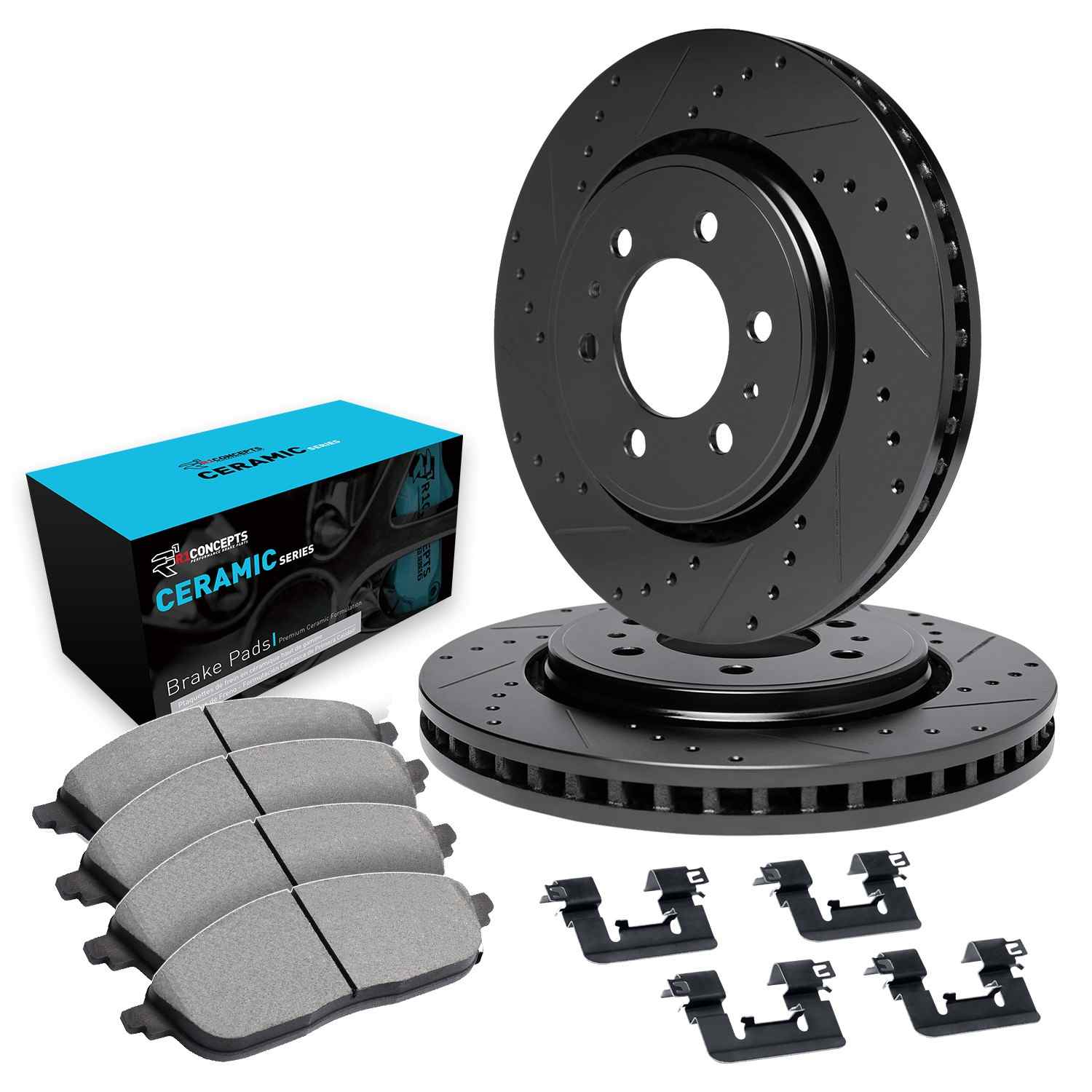 R1 Concepts 93-97 Lexus LX450 Rear Drilled & Slotted Black Brake Rotor Set w/Ceramic Pads and Hardware