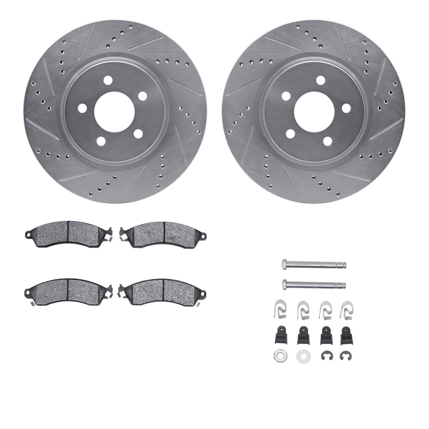 R1 Concepts 94-04 Ford Mustang Front Drilled & Slotted Silver Brake Rotor Set w/Optimum OE Pads and Hardware
