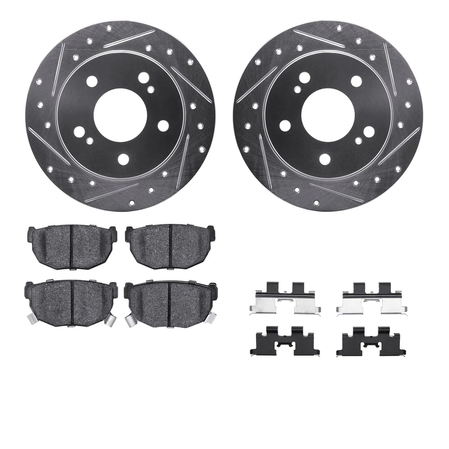 R1 Concepts 94-98 Nissan 240SX Rear Drilled & Slotted Silver Brake Rotor Set w/Ceramic Pads and Hardware