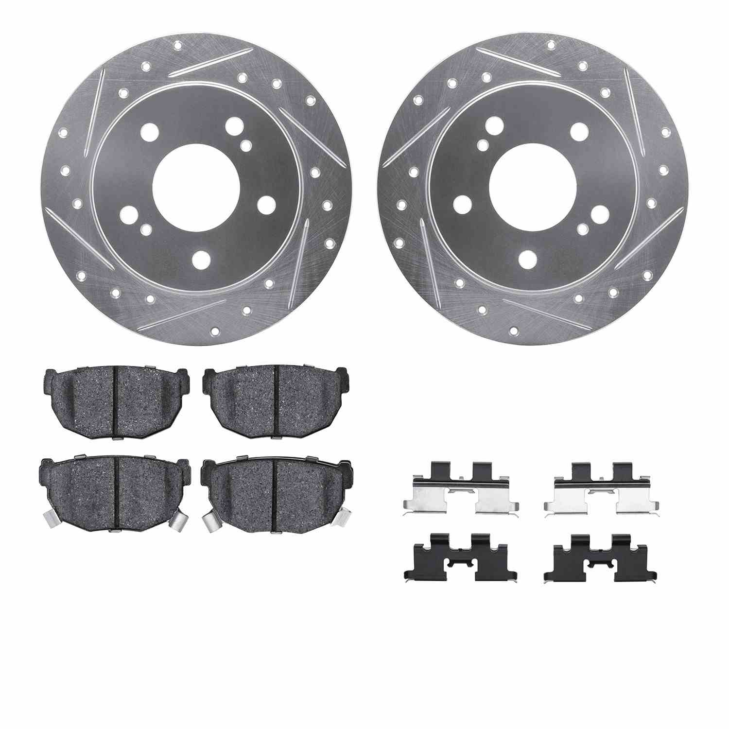 R1 Concepts 94-98 Nissan 240SX Rear Drilled & Slotted Silver Brake Rotor Set w/Optimum OE Pads and Hardware