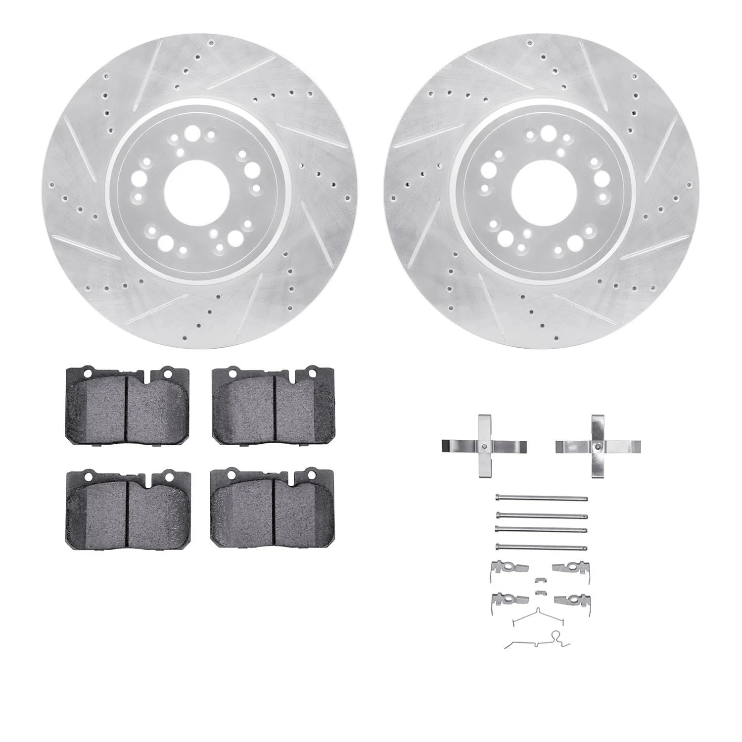 R1 Concepts 95-00 Lexus LS400 Front Drilled & Slotted Silver Brake Rotor Set w/Ceramic Pads and Hardware