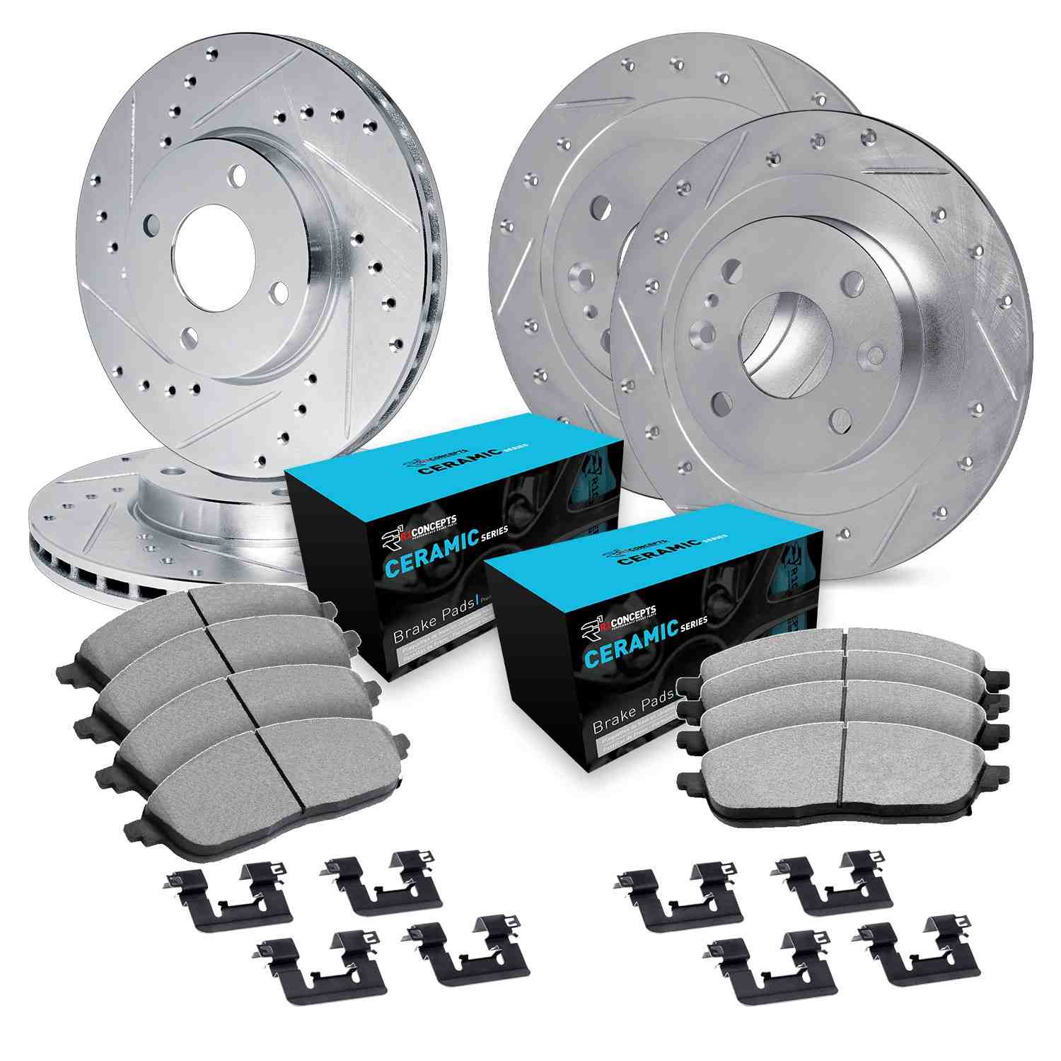 R1 Concepts 95-00 Nissan Lucino Front & Rear Drill/Slot Silver Rotors w/Ceramic Pads