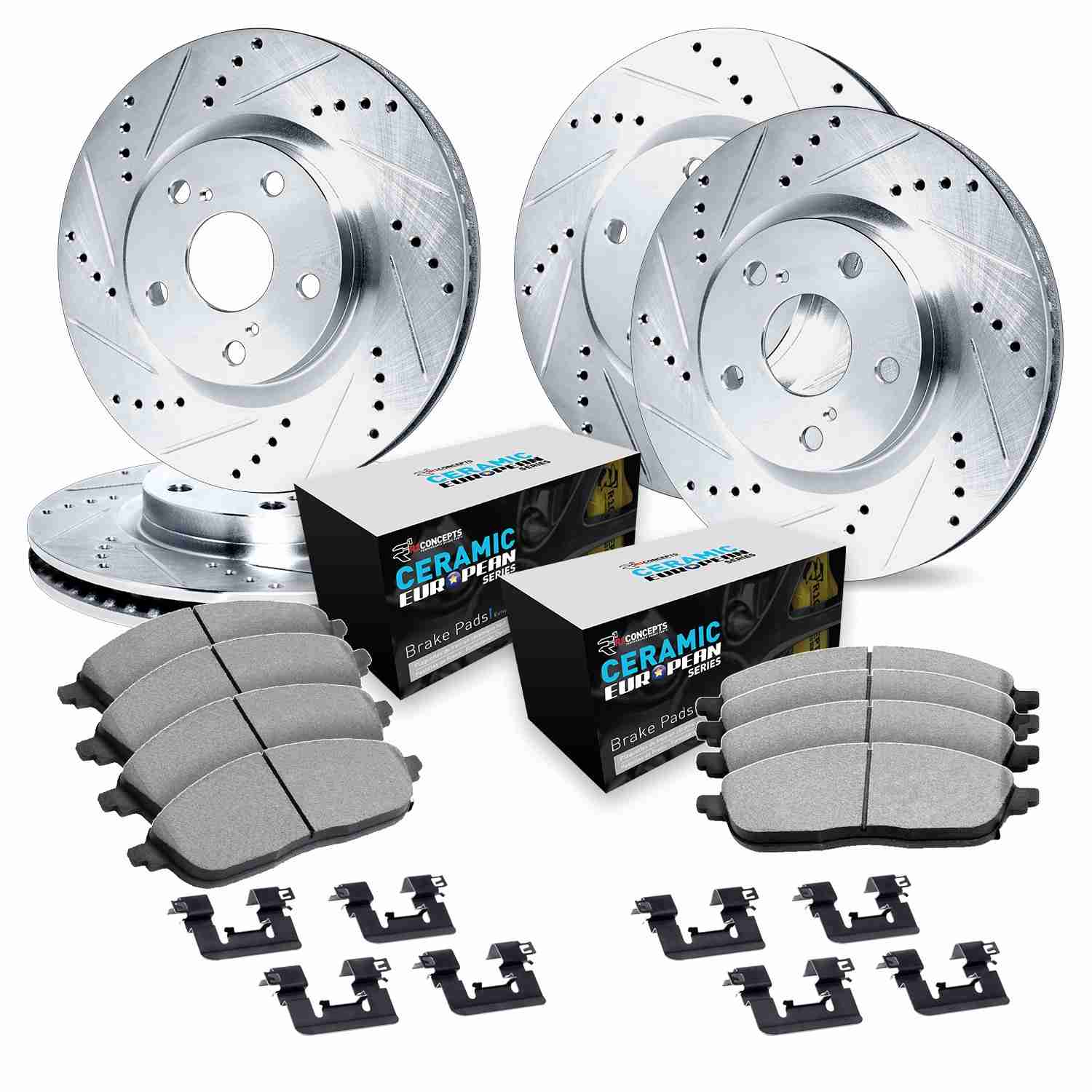 R1 Concepts 95-02 BMW M3 Front & Rear Drill/Slot Silver Rotors w/Euro Ceramic Pads