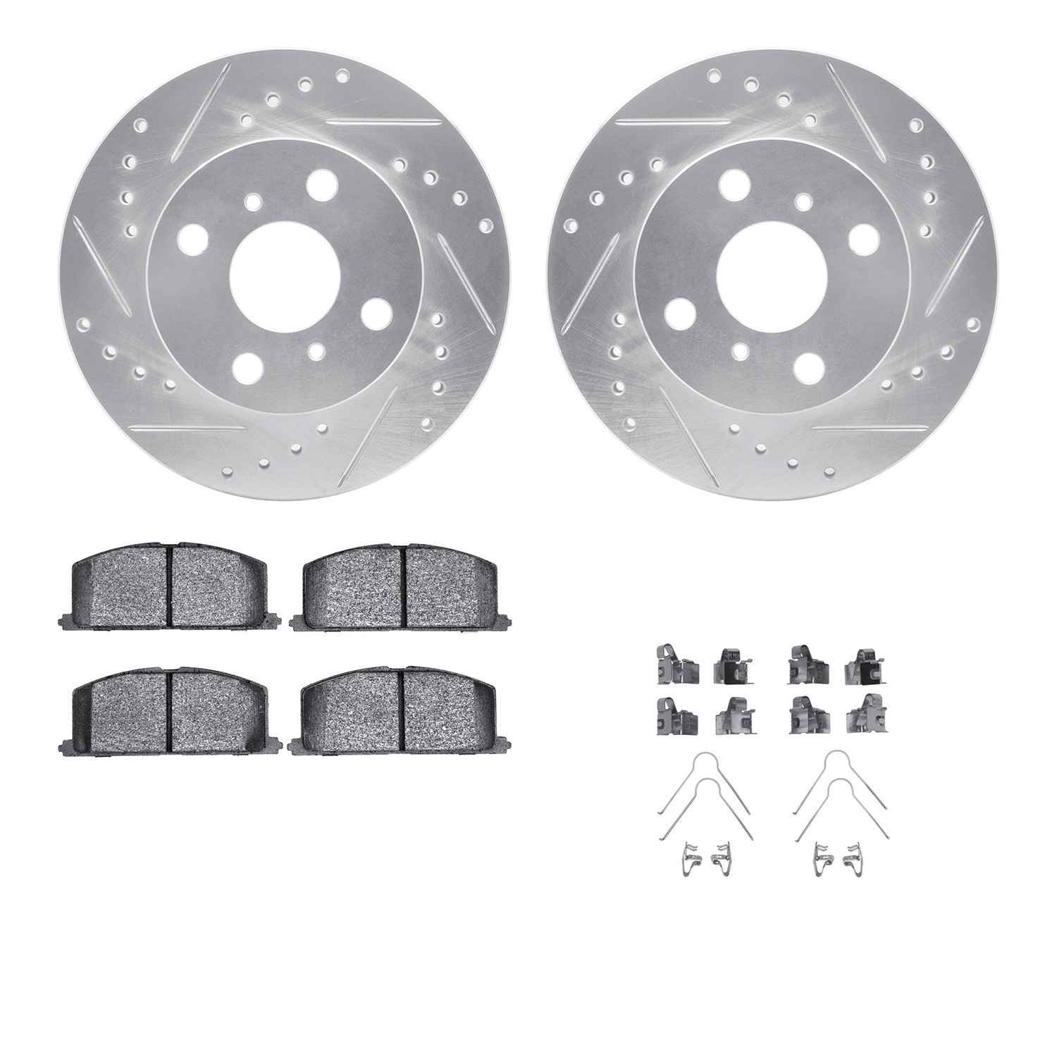 R1 Concepts 95-99 Toyota Tercel Front Drilled & Slotted Silver Brake Rotor Set w/Optimum OE Pads and Hardware